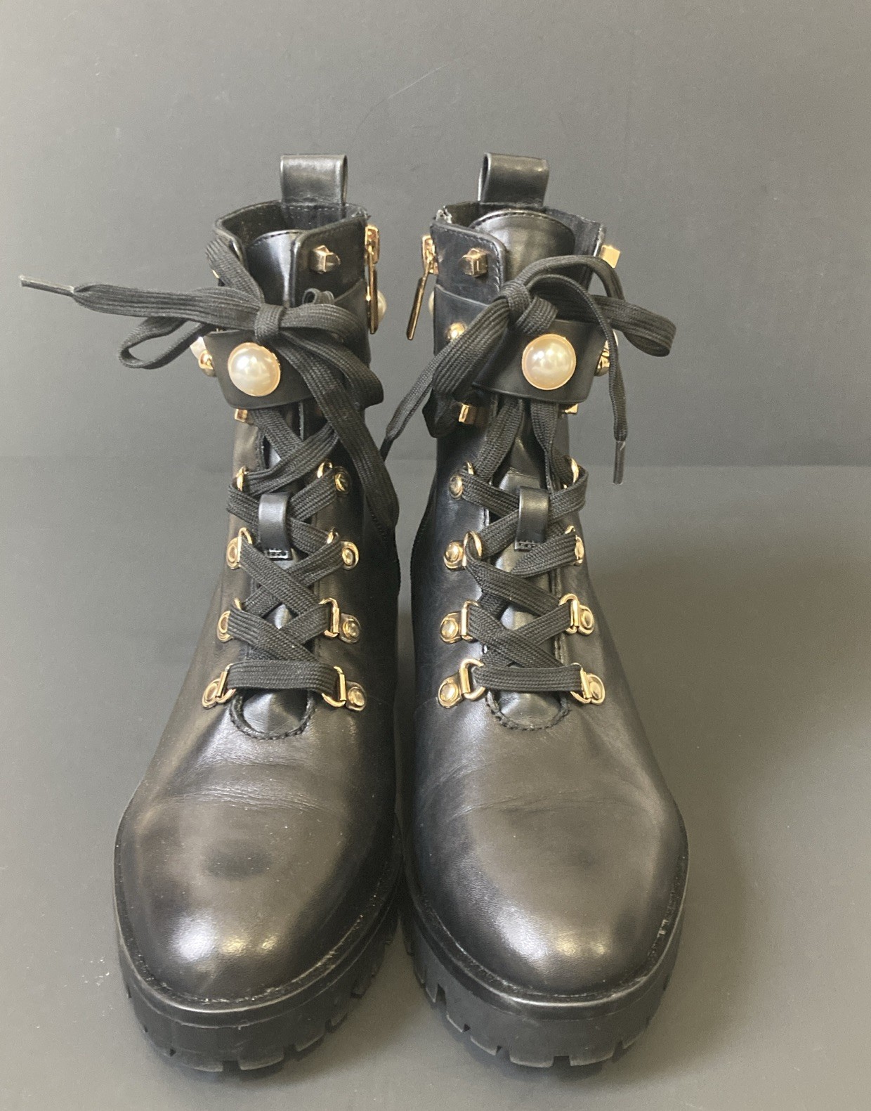 Karl Langerfeld Paris Combat Boot Black Pearl studded Lug Sole Size 7.5