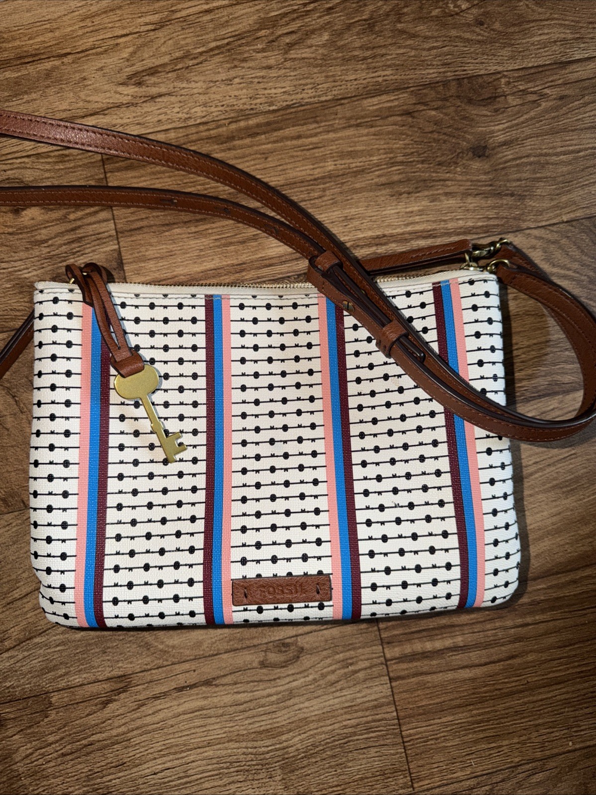 Fossil ZB7417102 Devon Crossbody Ecru Multi Stripe Purse Clutch Crossbody