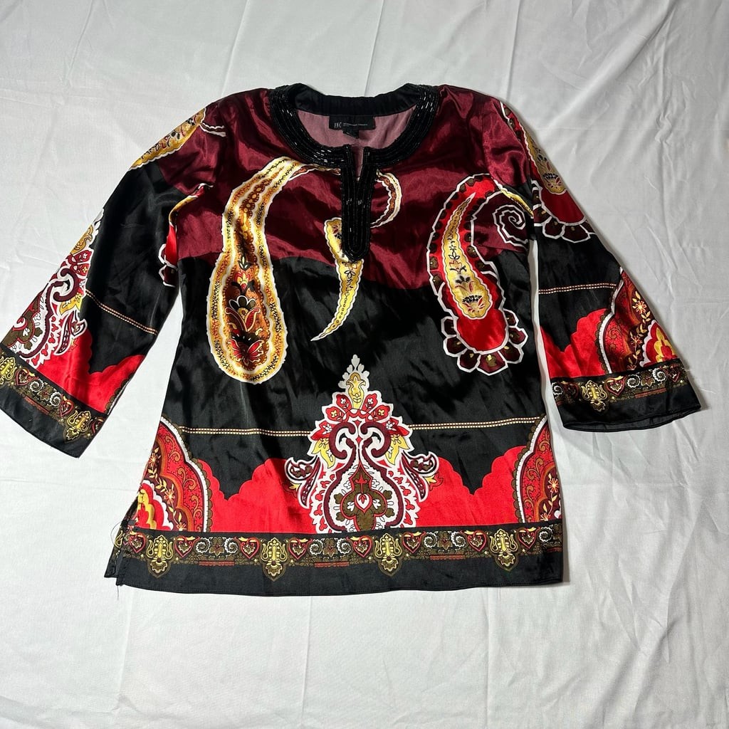 INC International Concepts Petite Paisley Print Beaded Tunic Top Women’s 6P Bo