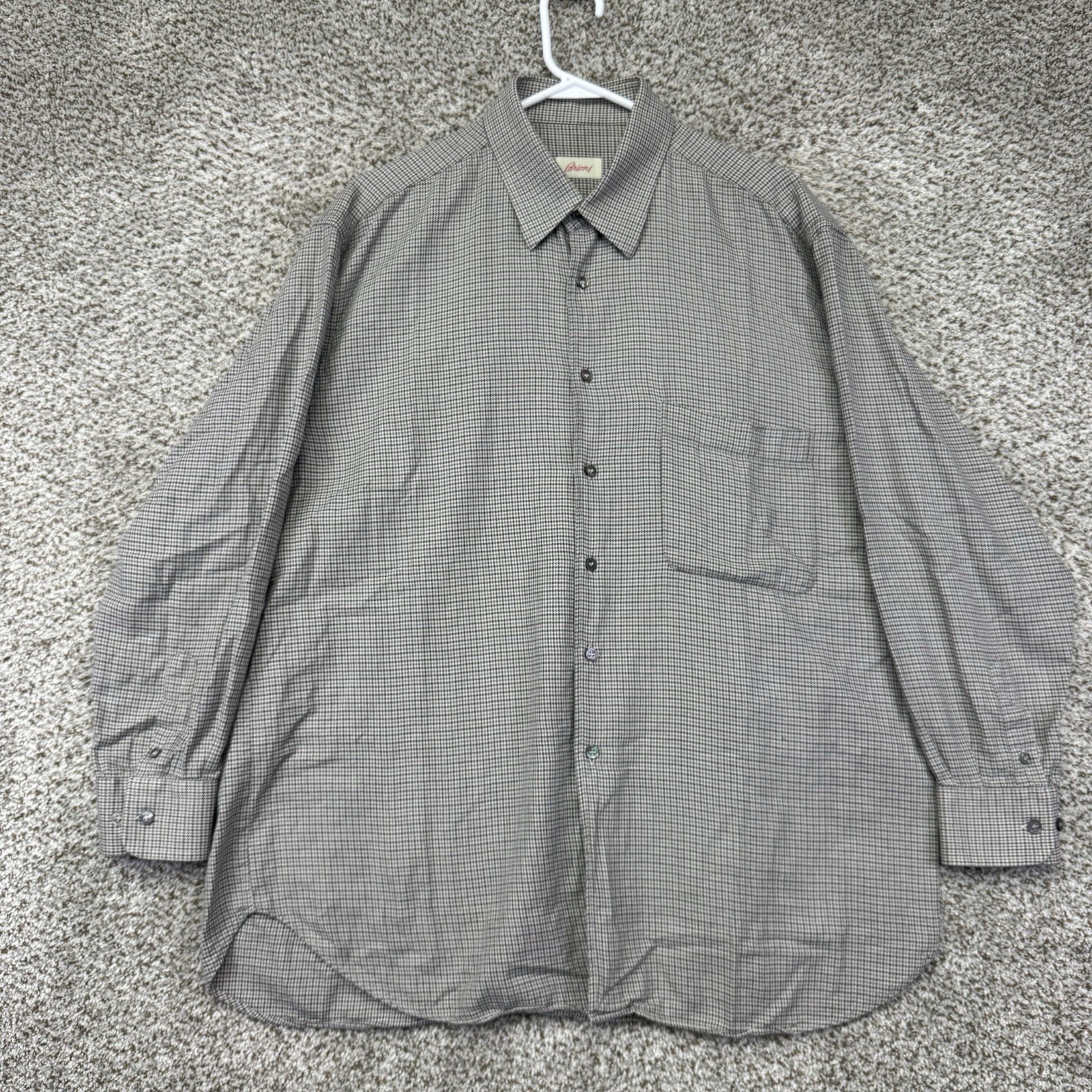 Brioni Shirt Men’s Size XL Long Sleeve Button Up Gray Houndstooth Made In Italy