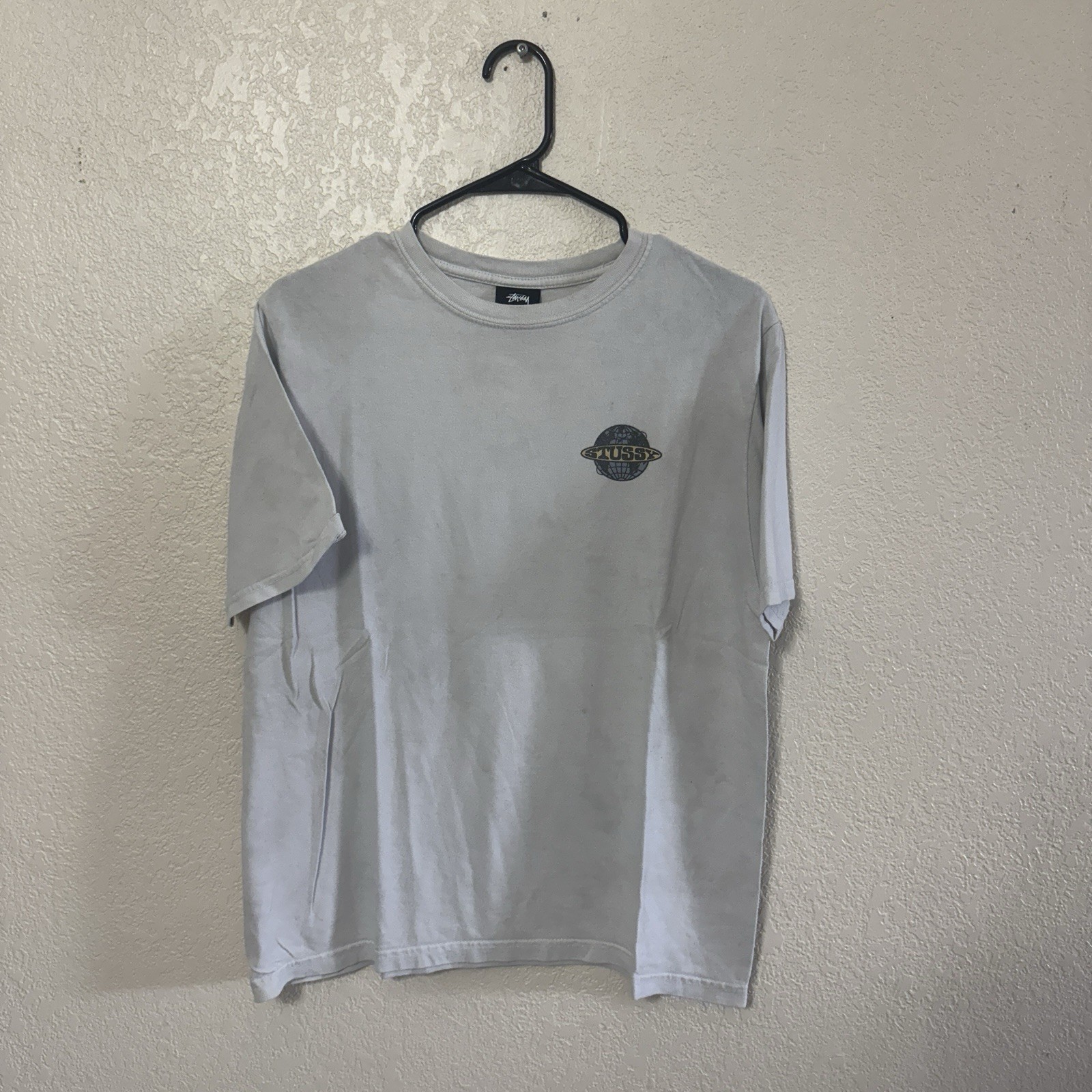 Stussy Men’s Gray Graphic Logo Crew Neck Short Sleeve T-Shirt Regular M