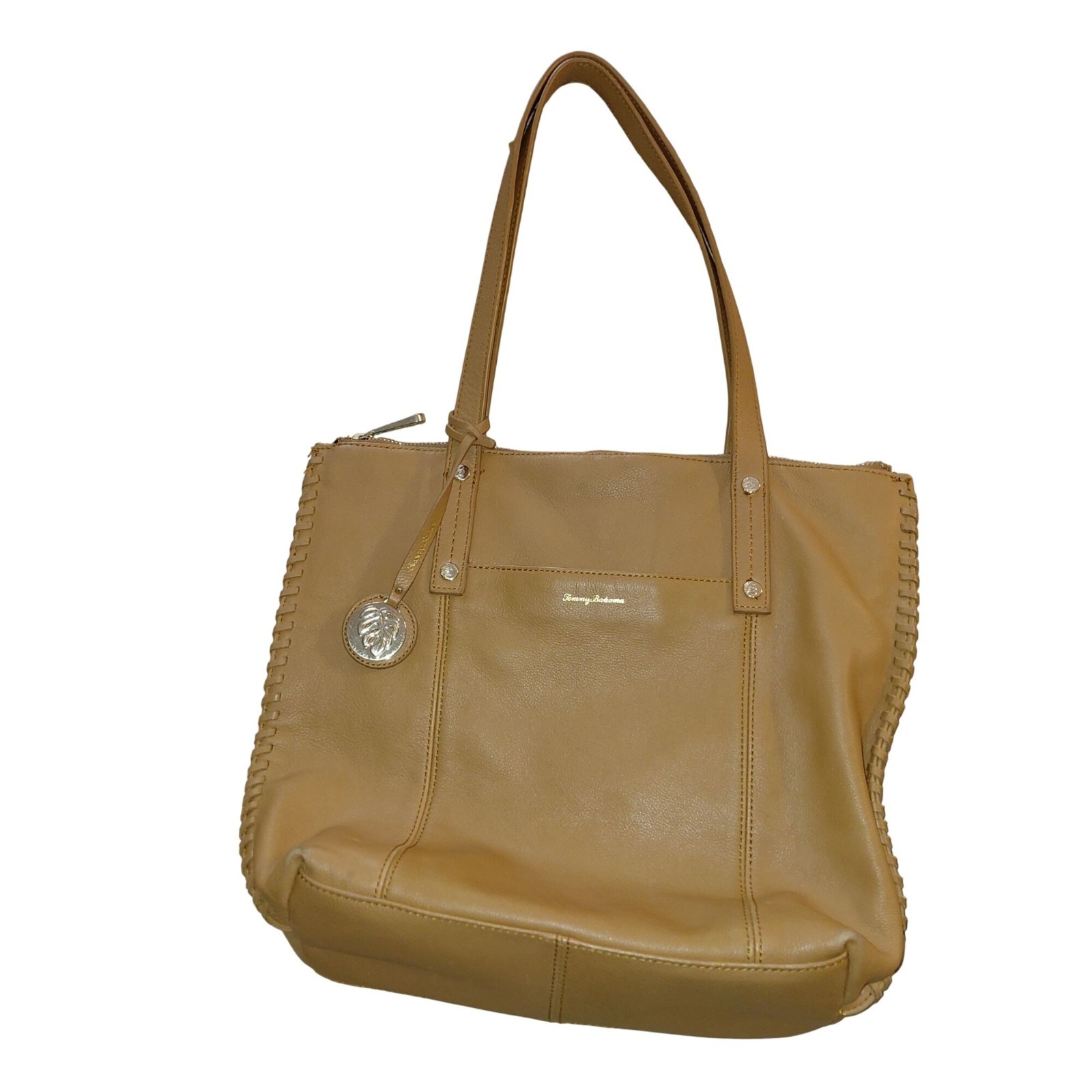 Tommy Bahama big leather bag accent stitching logo hangtag