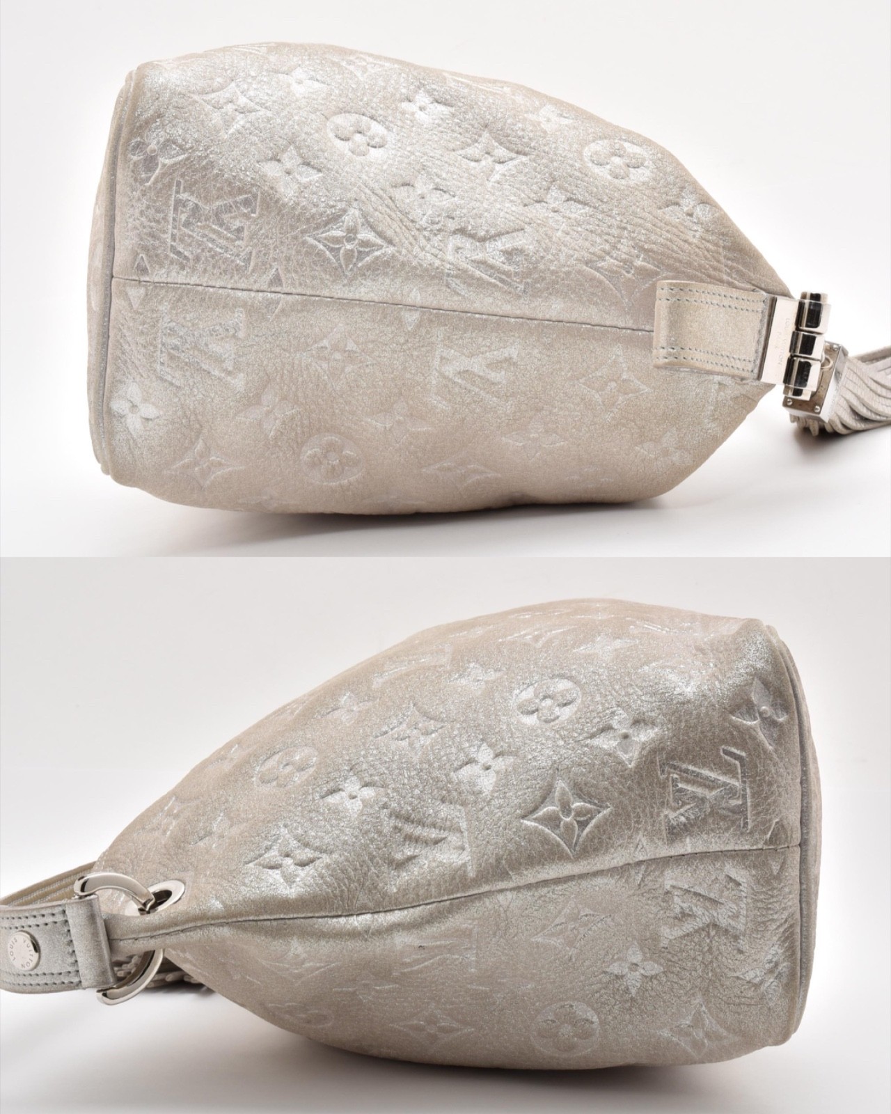 LOUIS VUITTON Shimmer Halo Silver Monogram Embossed Leather Hand Bag