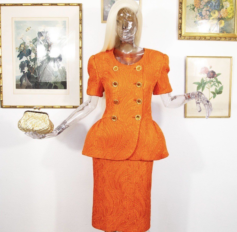 Vintage 1980s Escada Orange Wool Silk Skirt Suit Gold Button Size M UK 12