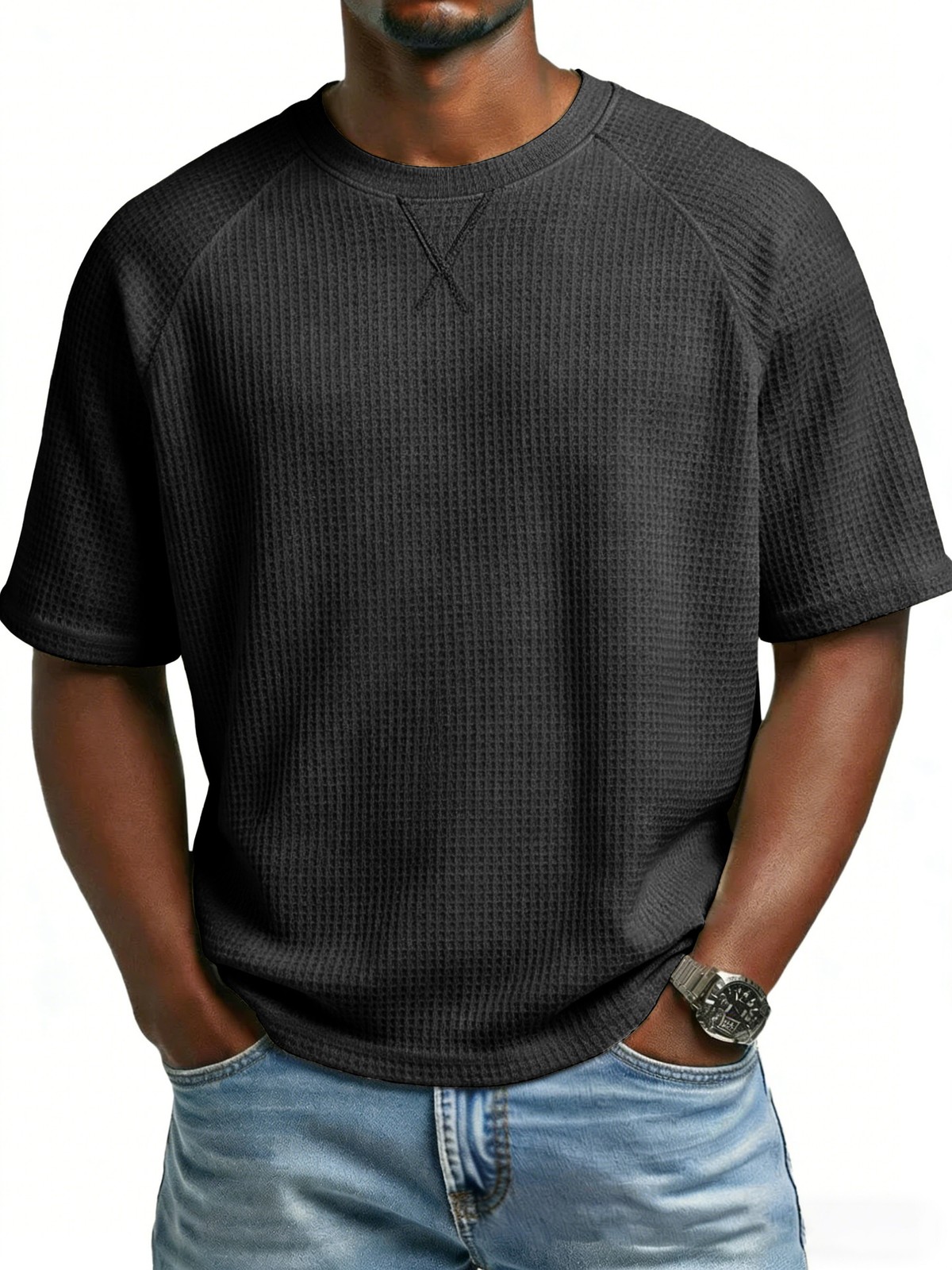 Men’s solid color embroidered raglan crew neck casual sports short sleeve