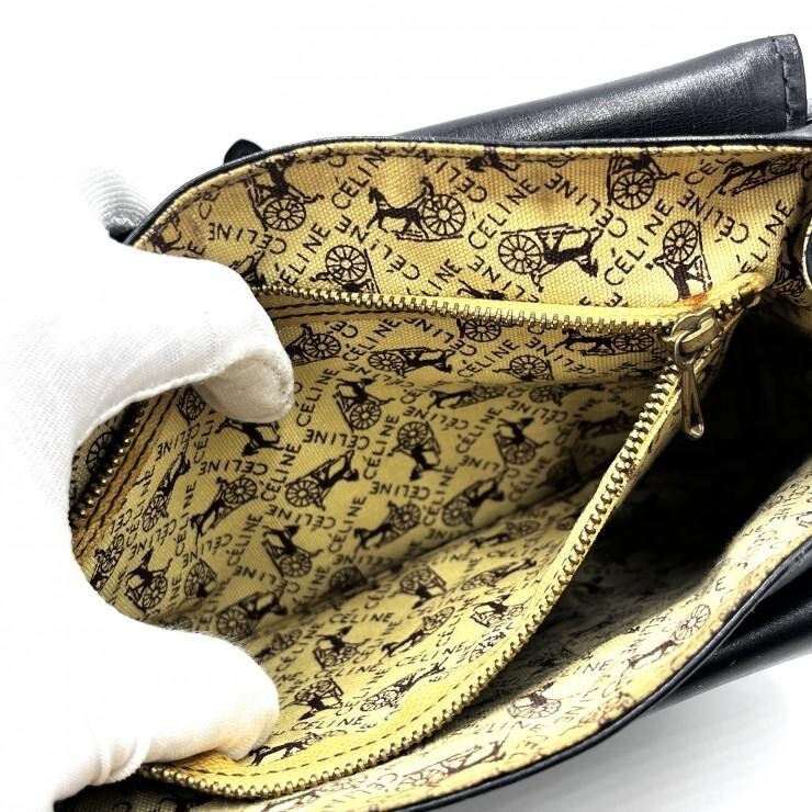 CELINE Vintage Horse Carriage Black Leather Shoulder Bag Gold Hardware Women