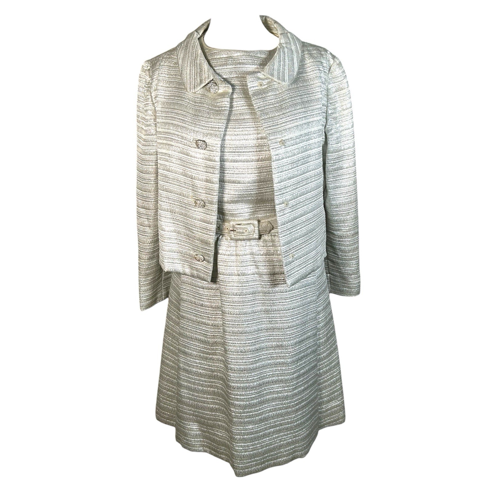 1960s Silver Metallic Stripe Rhinestone Button Dress Jacket Set Deadstock Sz M