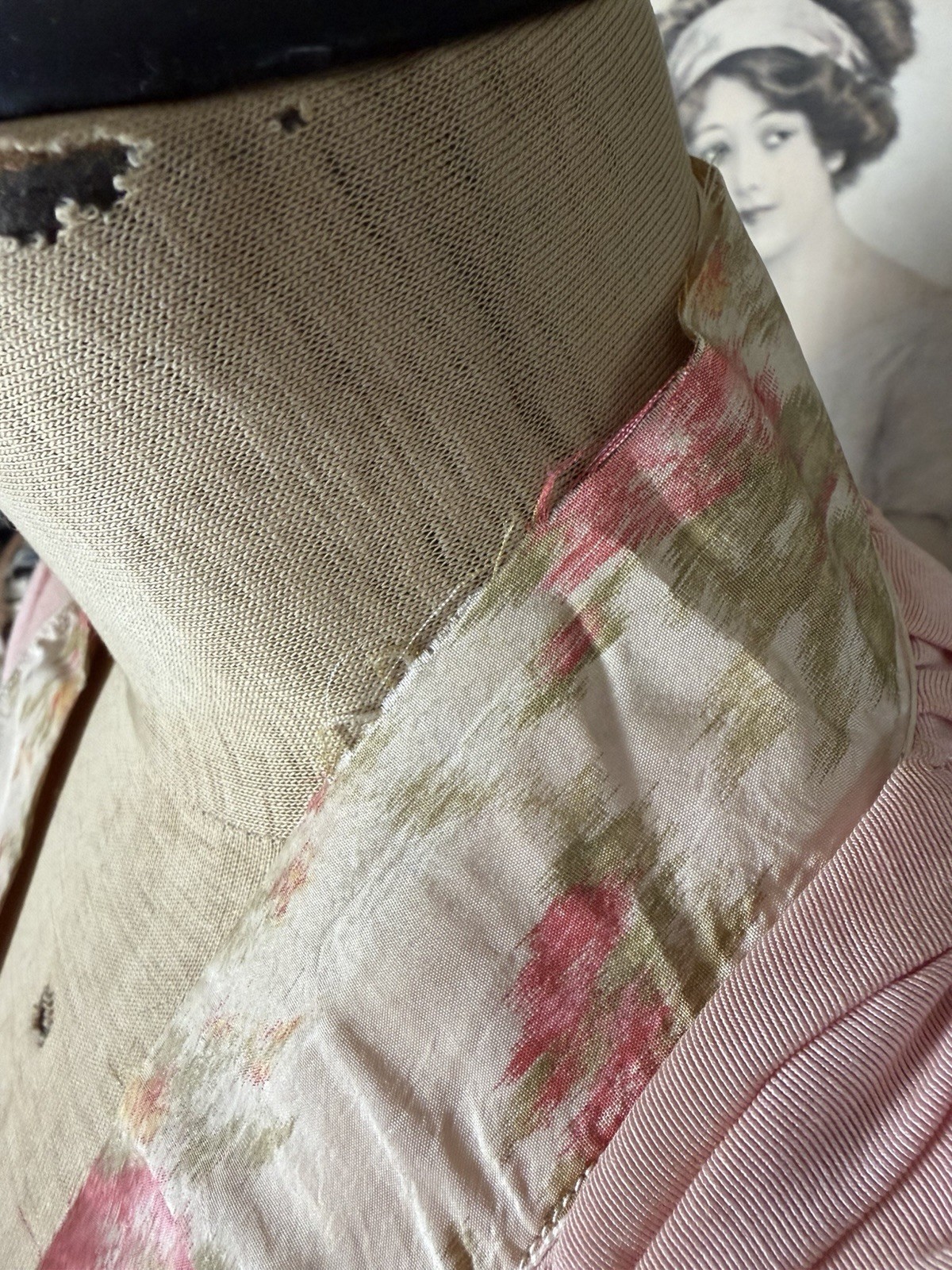 Antique Edwardian Dressing Gown Robe, Shirred Shoulders, Watered Roses Trim