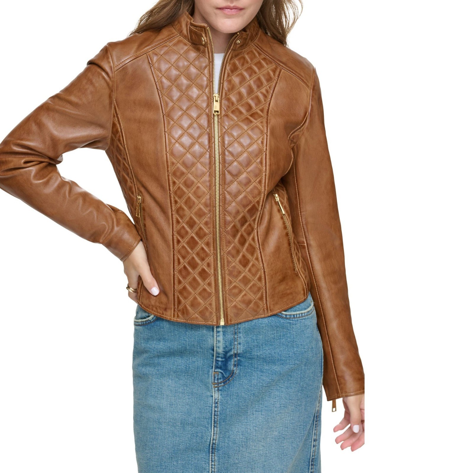 Women’s Real Leather Jacket Tan Brown Quilted Diamond Zip Up Moto Racing Coat