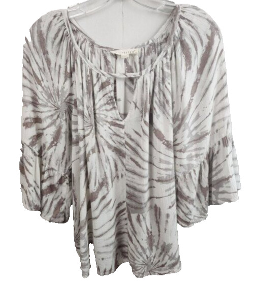 Lovestitch Womens BOHO Top Medium Beige White Tie Dye Bell Sleeve Cottagecore