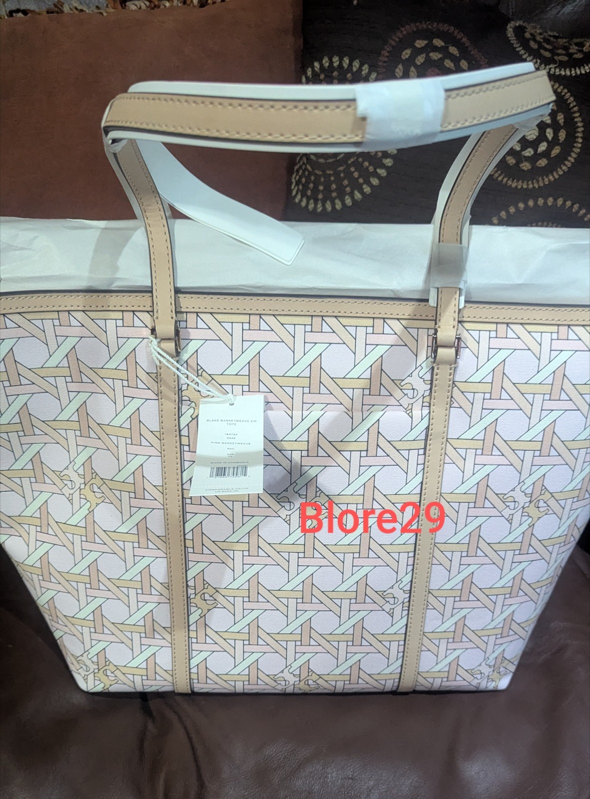 NWT Tory Burch Blake Basketweave Zip Tote AND LARGE ID CARD