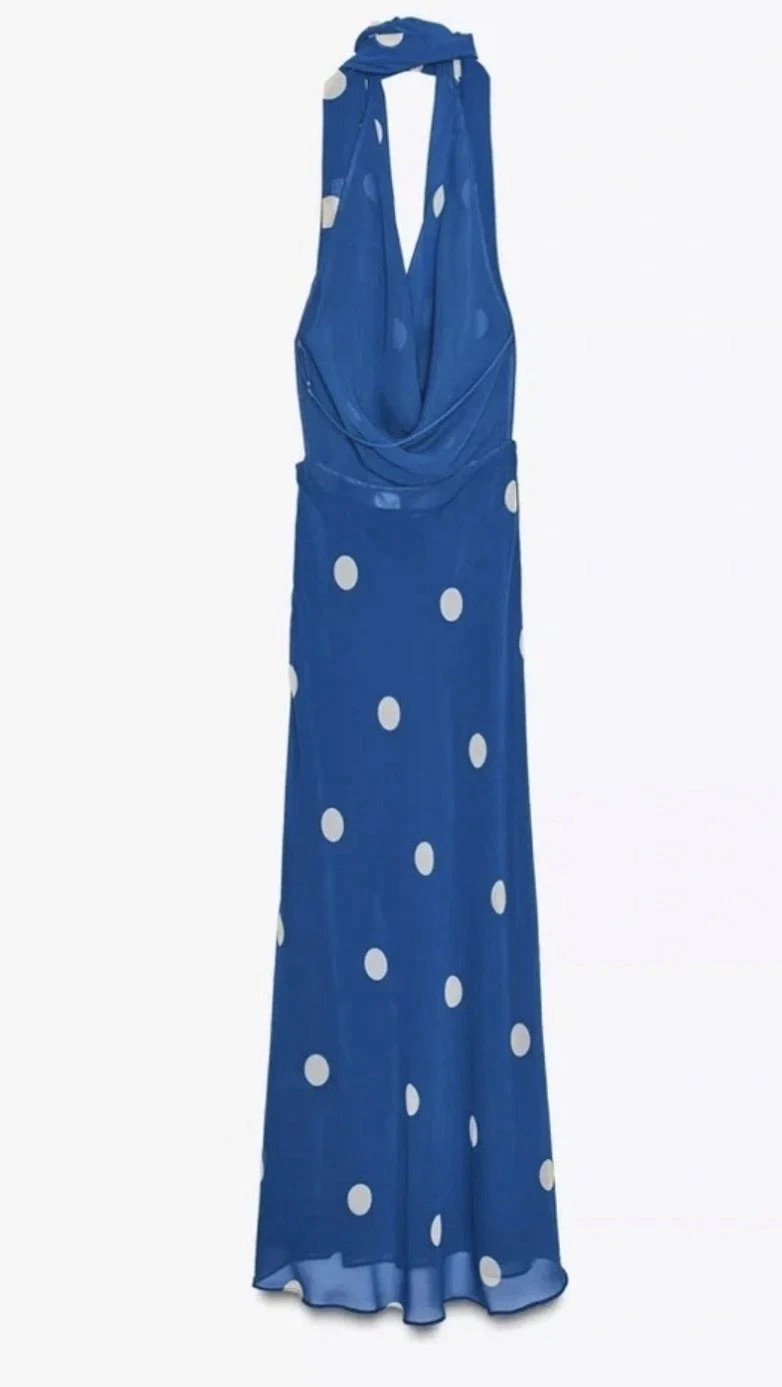 ZARA HALTER SCARF PRINTED POLKA DOT DRESS BLUE WHITE Ref 8410/430 Size M #B68