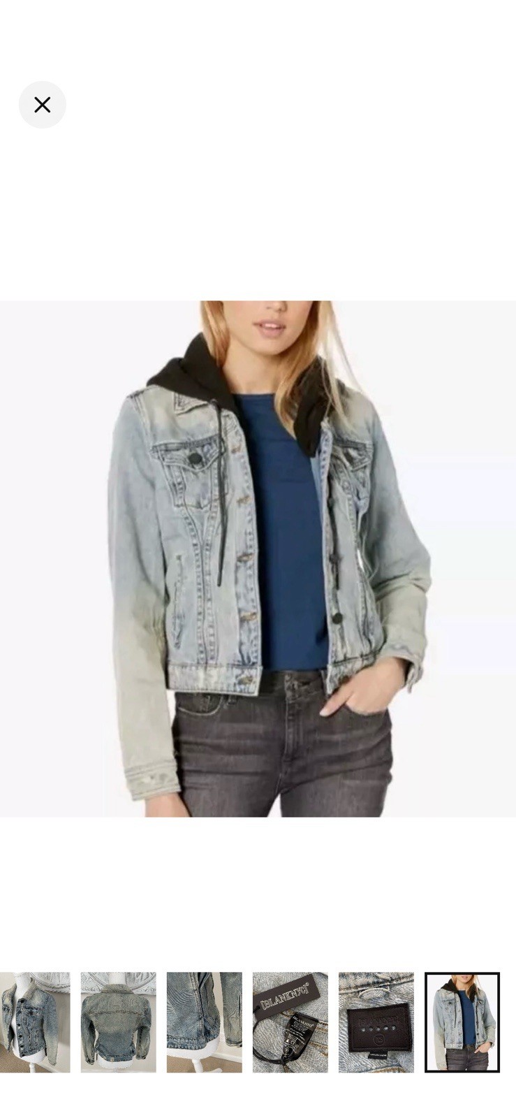 BLANKNYC Hooded Distressed Jacket Women’s Blue/Black Button Slim w/ Pockets, XS