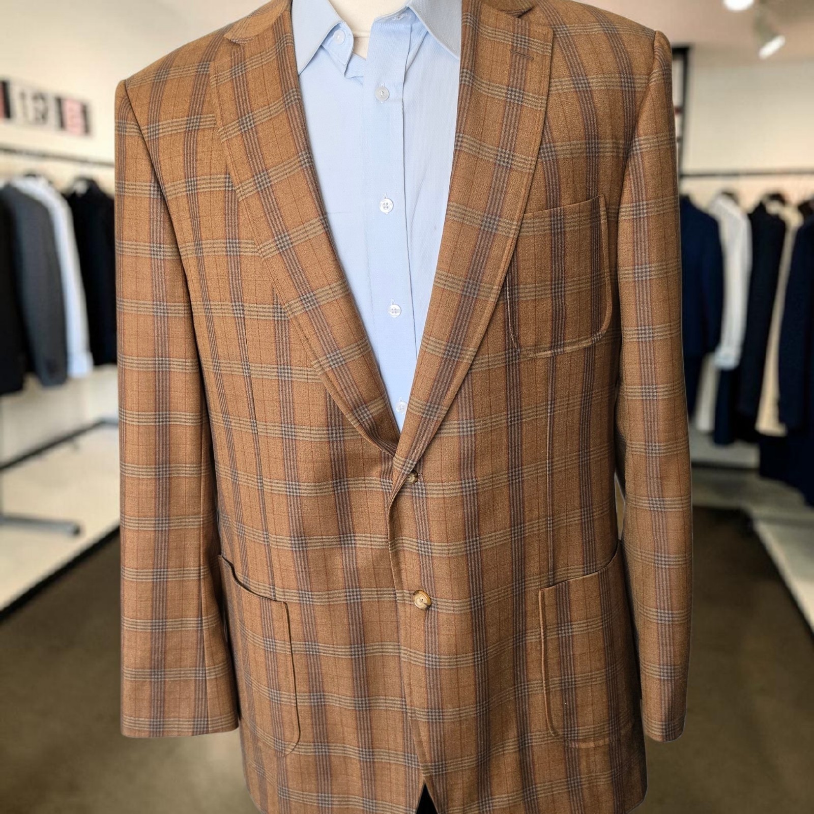 Bespoke Plaid Blazer 46r Full Canvas Working Cuff Patch Pocket Dual Vent