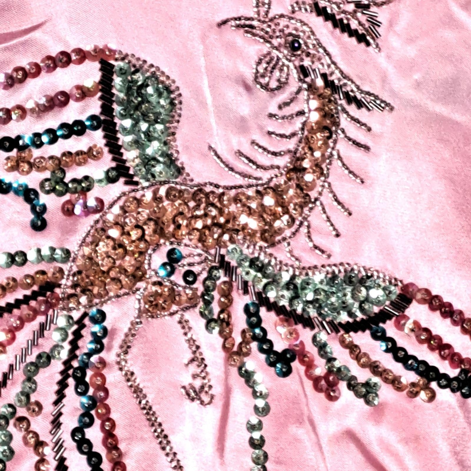 Vintage 50s 60s Pink Silk Satin Cheongsam Qipao Phoenix Sequin Beaded Dress S