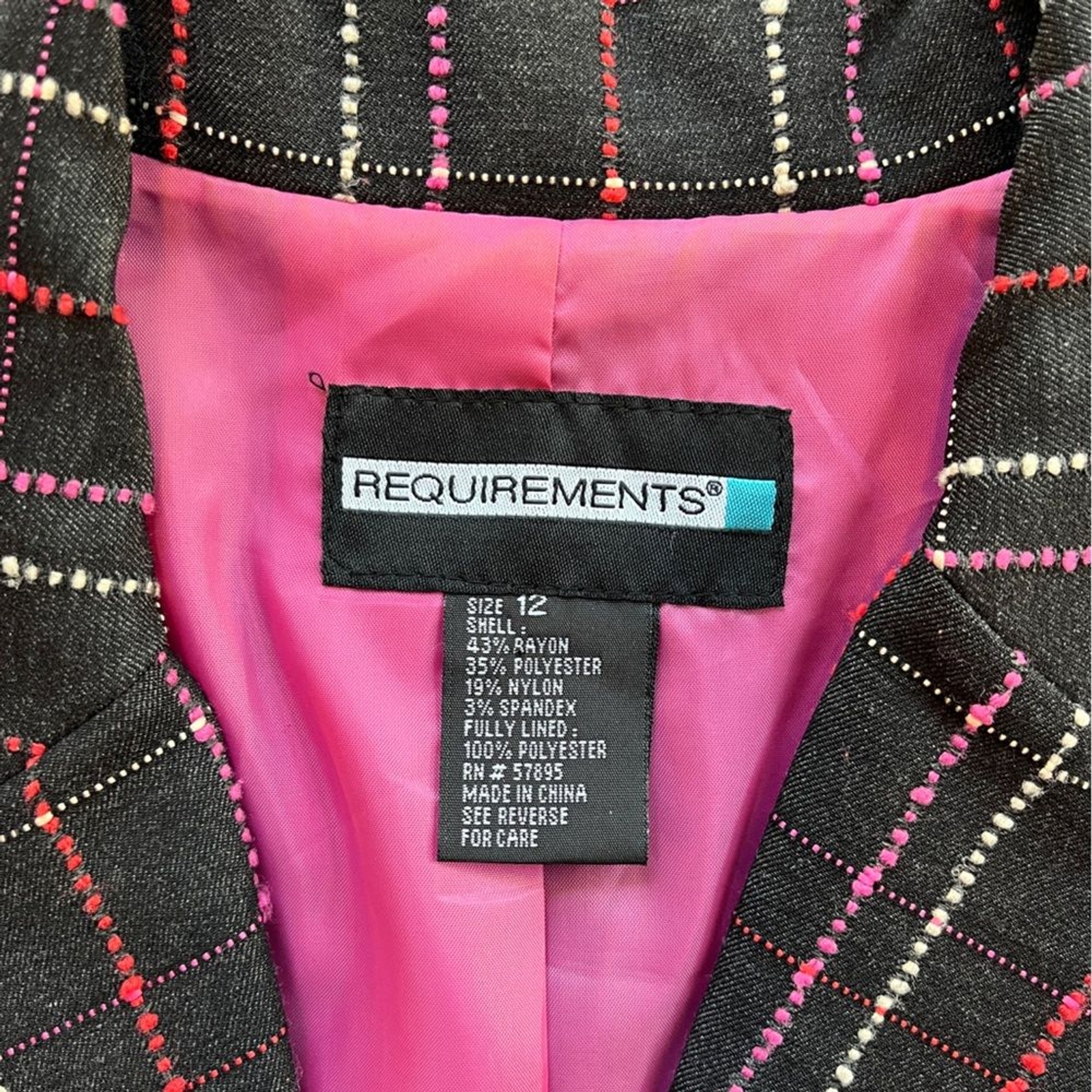 Vintage Requirements Blazer Black Tweed Pink, Red White Threads Single Breast 12
