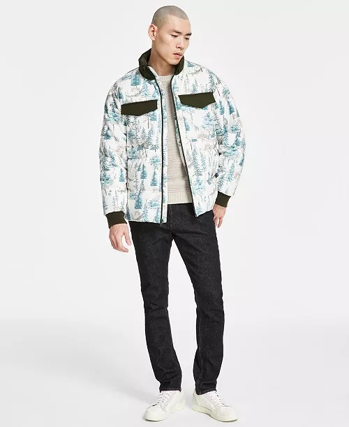 Sun + Stone Men’s Insulated Quilted Puffer Jacket Forest Tree Print Winter Coat