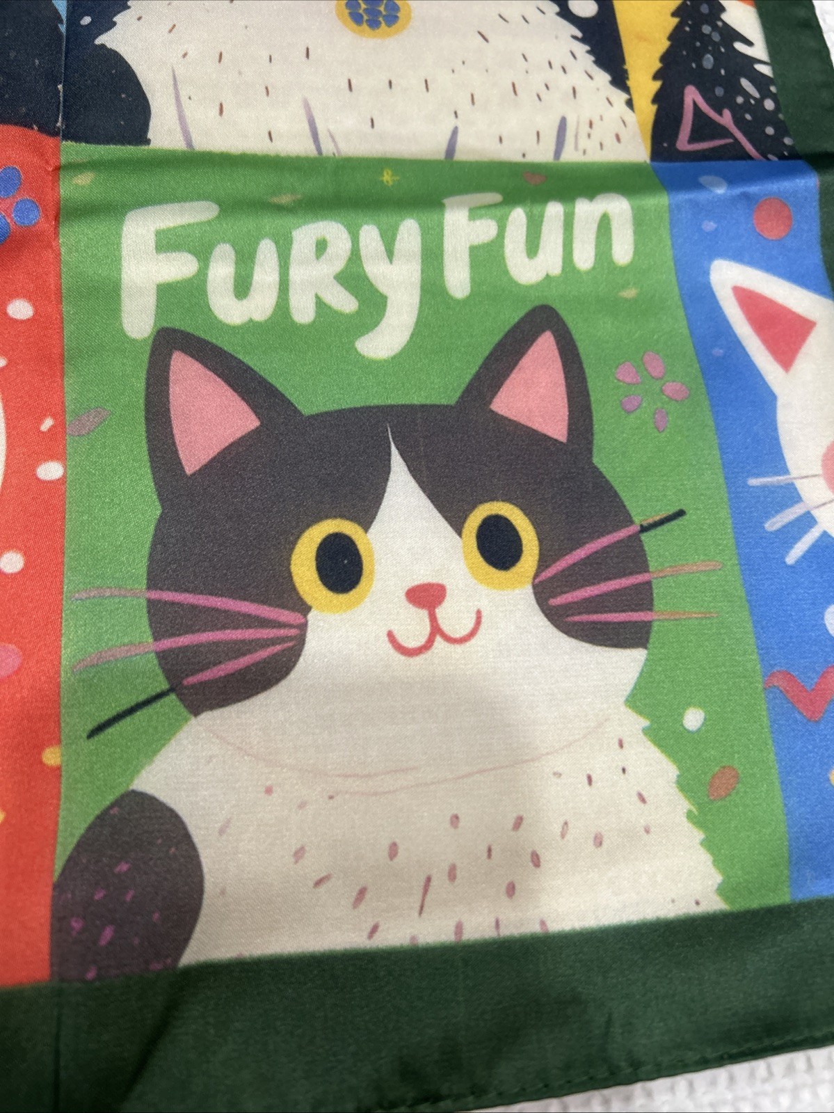 Colorful Cats Funky Fun 26” Square Scarf Floaty Green Border New Breeds Kitties