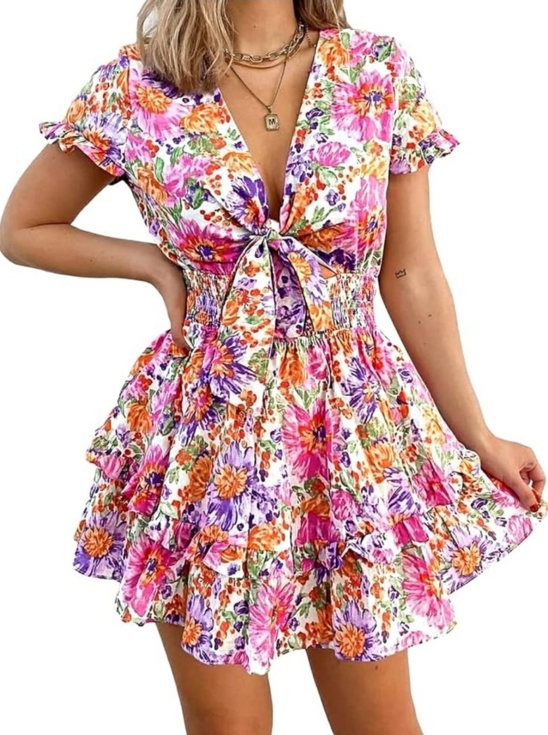 pretty garden Floral Multicolor V-Neck Tie Front Ruffle Smocked Mini Dress L/XL