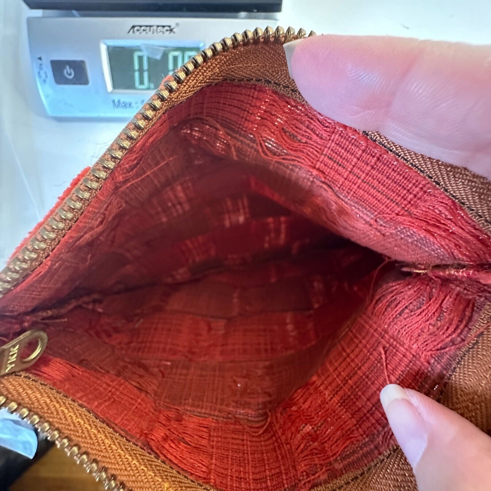 Rust Orange Velvet Checked Gold Chain Strap Zipper Top Slim Mini Purse