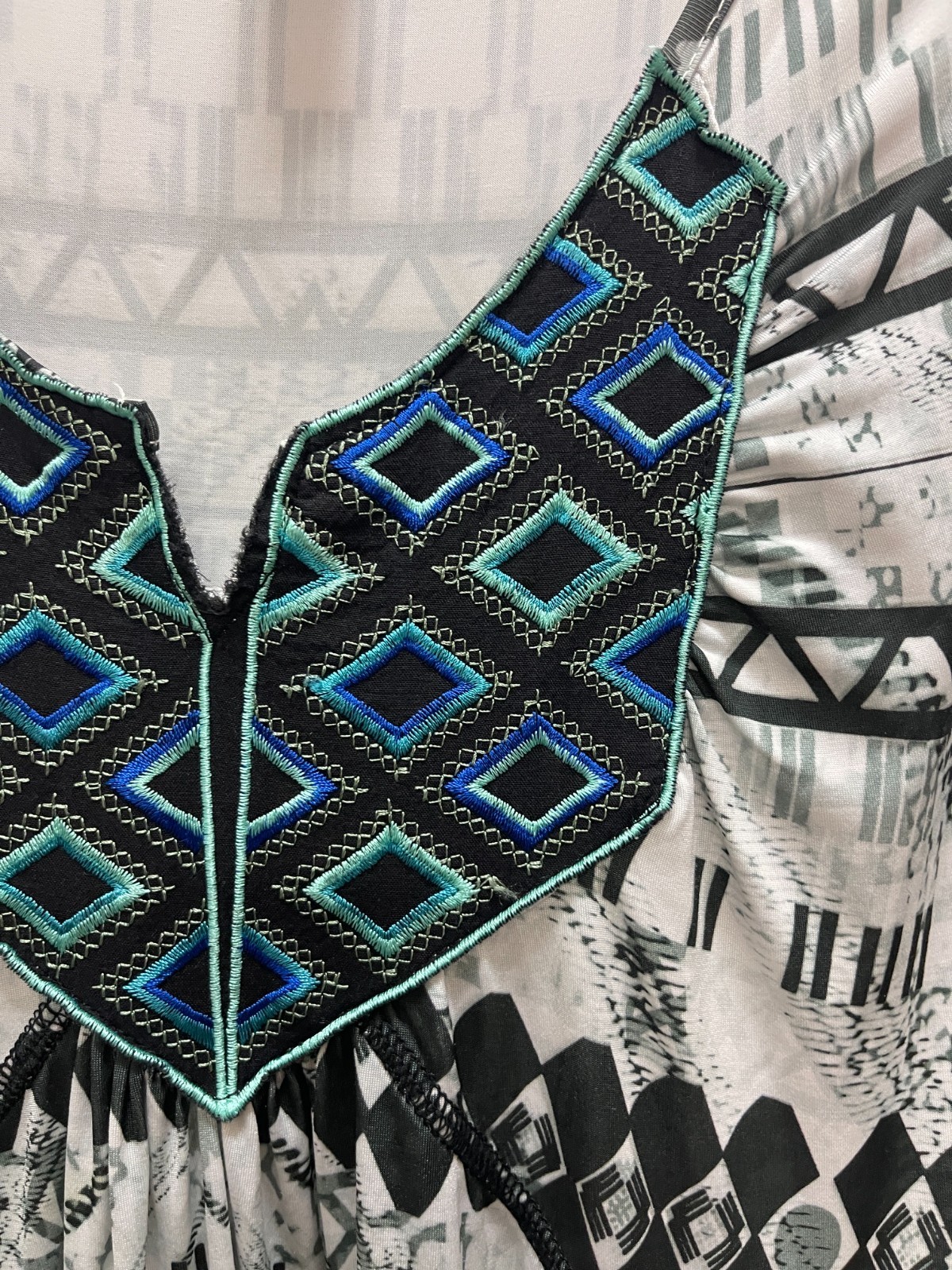 Style & Co Maxi Dress Womens L Black Teal Geometric Boho Sleeveless Stretch
