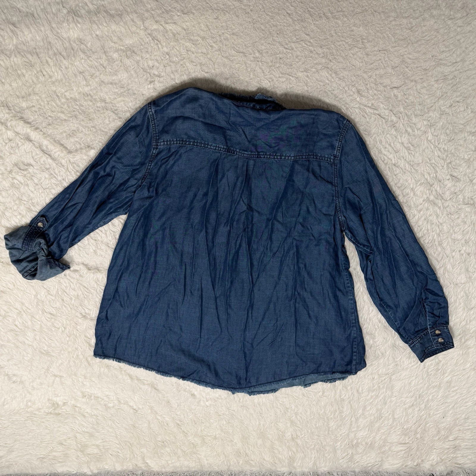 Chicos Twill Raw Hem Button Front Shirt Sz 3 16 Roll Tab Sleeve Lyocell Blue J2E