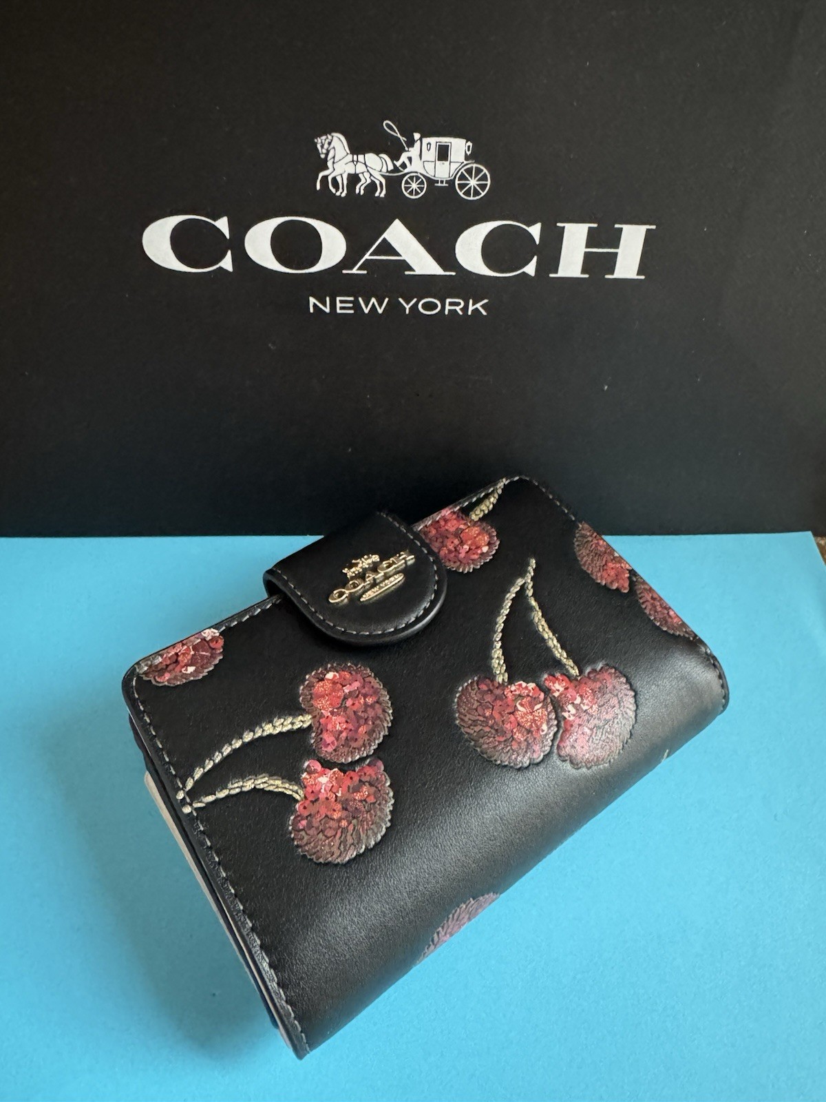 NWT Coach Medium Corner Zip Wallet With Cherry Print Leather Gold /Black Multi