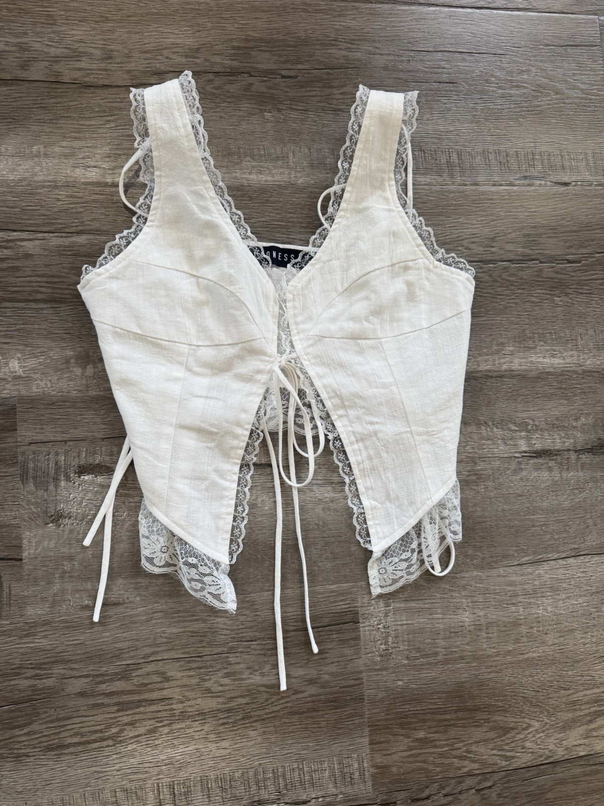 Lioness White Lace Trim Corset Tie Front Linen Crop Top Women’s Size S Boho