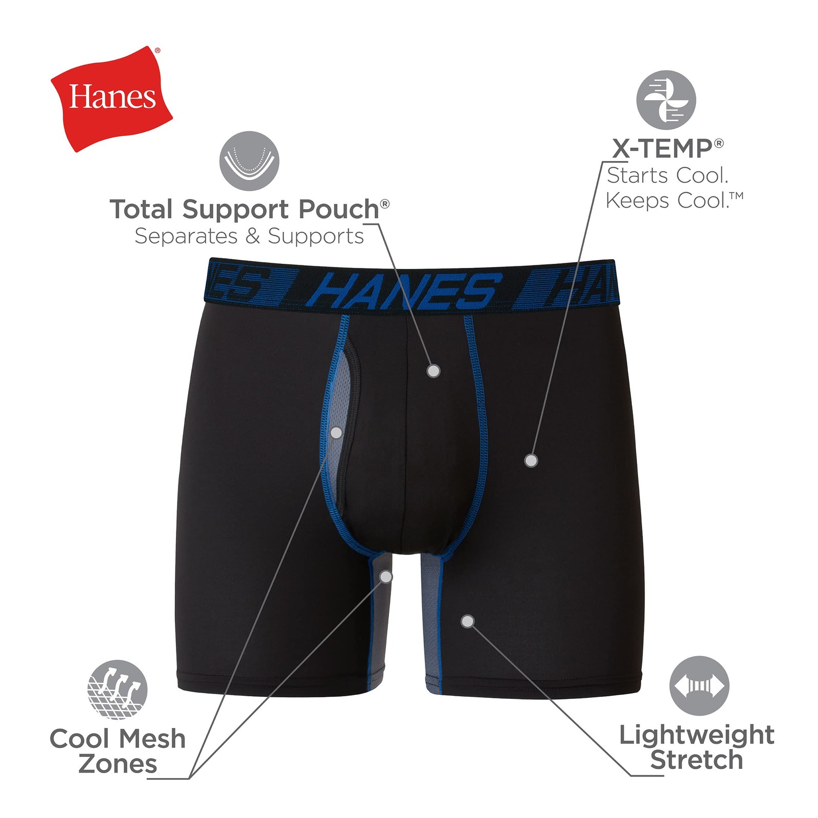 Hanes Men’s Boxer Briefs 3-Pack Total Support Pouch Black Medium