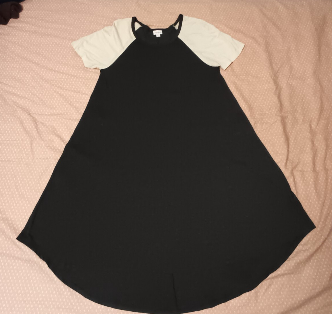 Women’s LuLaRoe Carly Raglan Slate Gray Cream Hi Lo Short Sleeve Dress Sz M