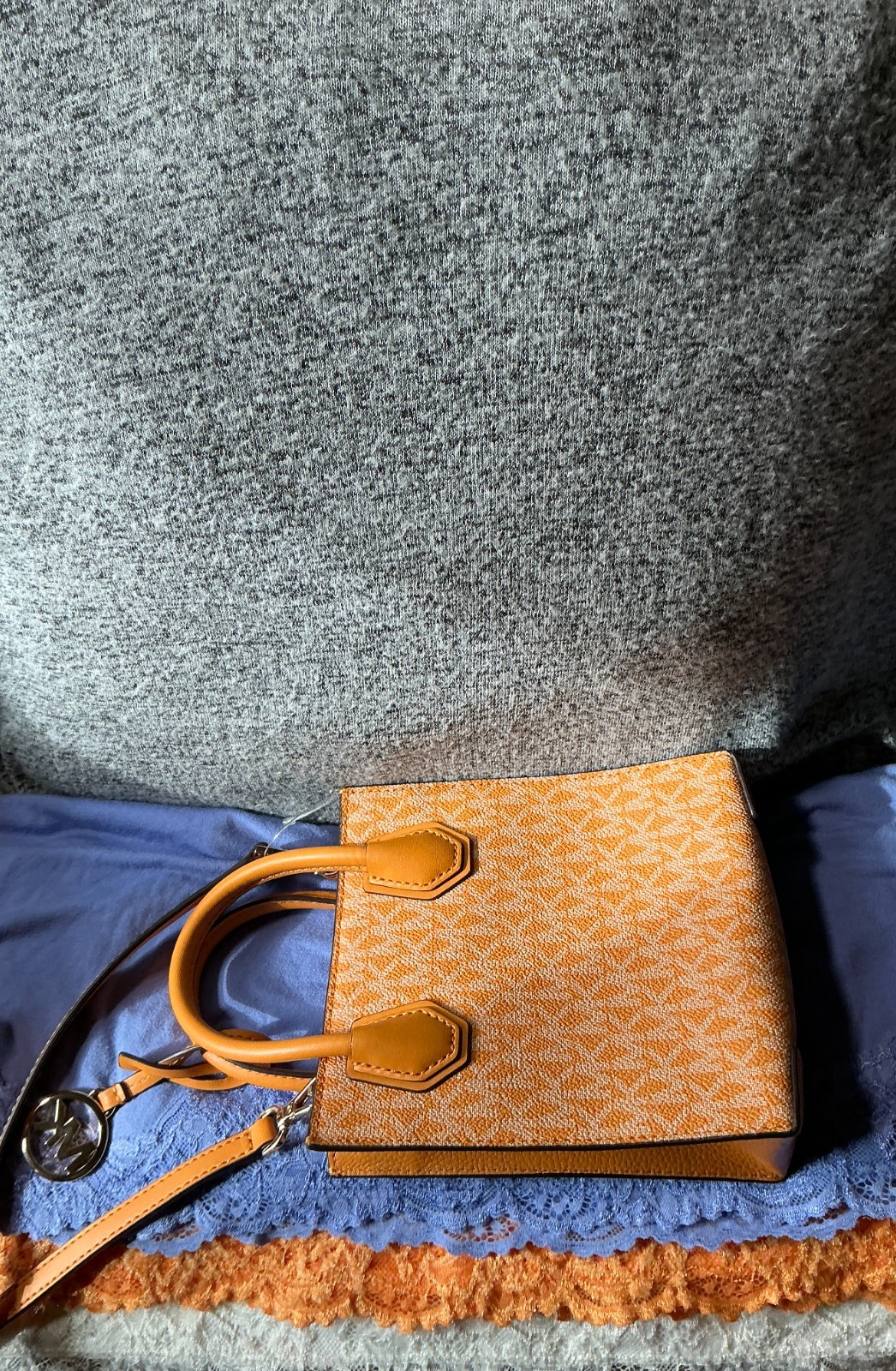 Michael Kors Orange Multi SIG Mini Coated Canvas Leather CC SnapCrossbodySatchel