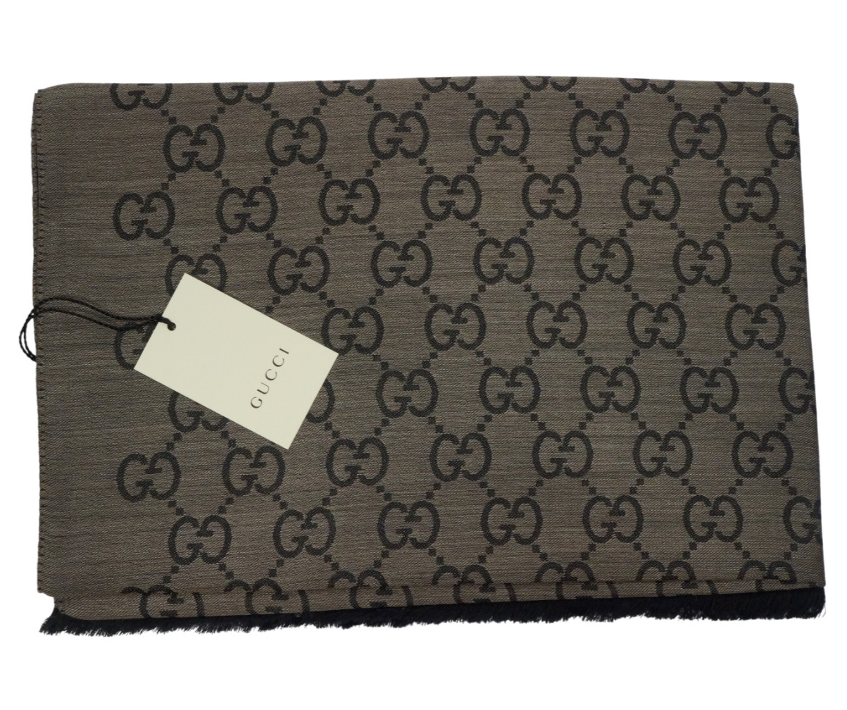 NWT Gucci GG Large Double Jacquard Wool-Silk Blend Brown Scarf Shawl ITALY 200cm