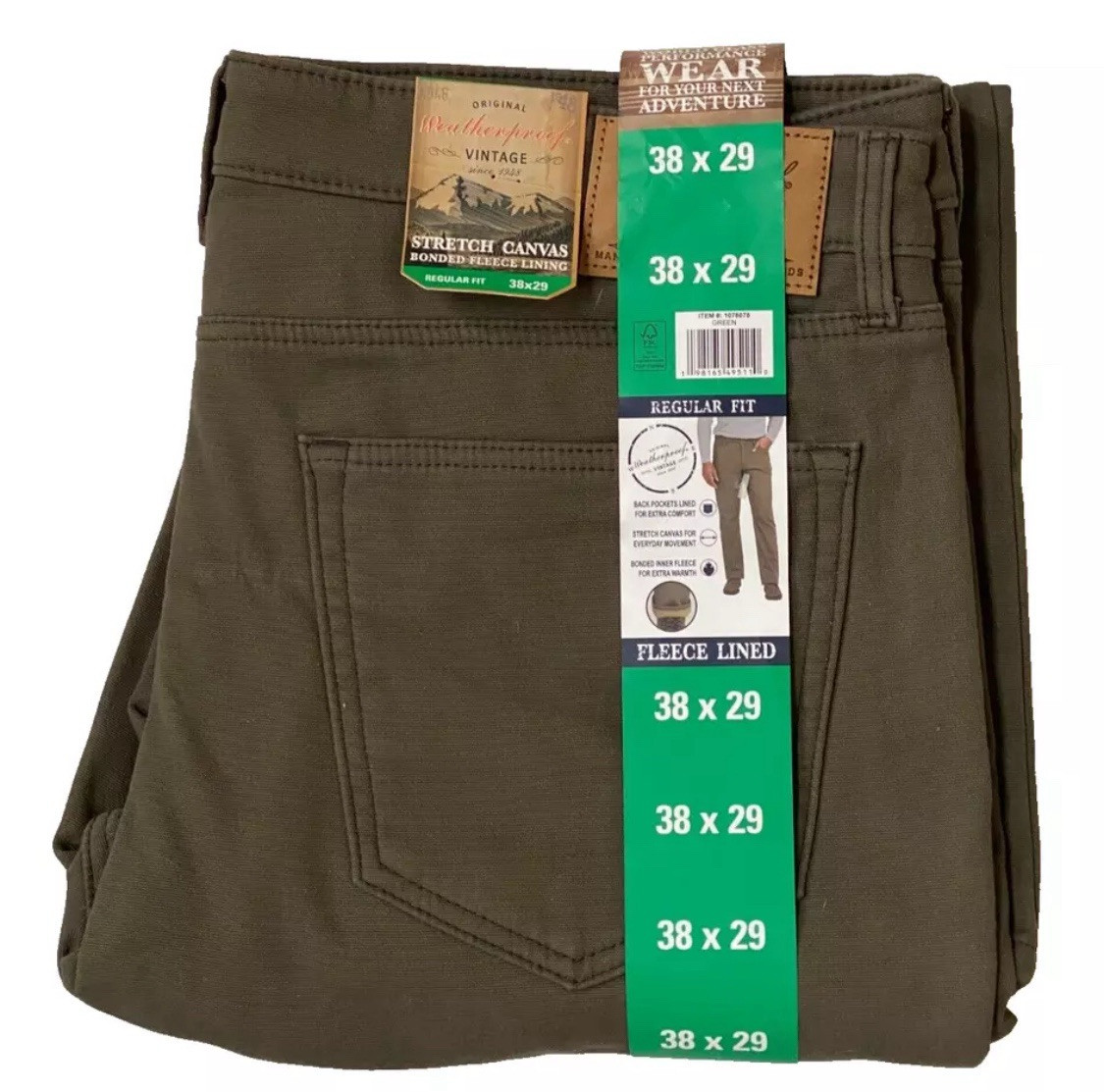 Weatherproof Vintage Men’s Fleece Lined Pant Bonded Stretch Canvas 38×29 Green