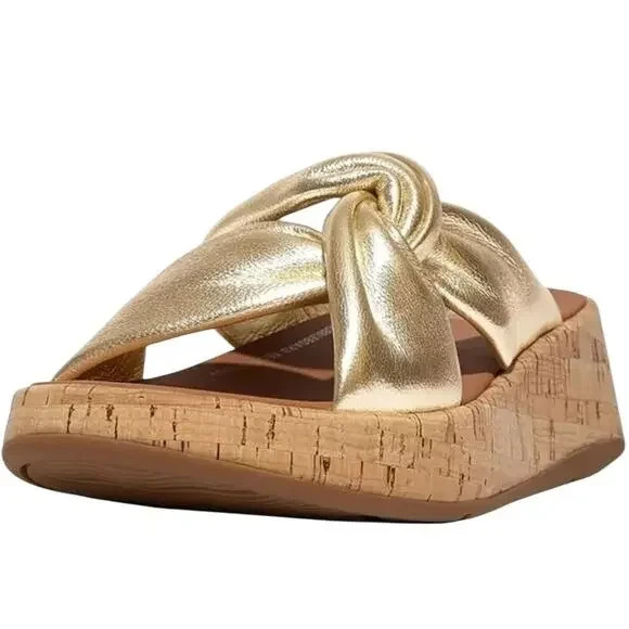FitFlop F-Mode Twist Platform Gold Leather Slide Sandals US 10 Eu 42