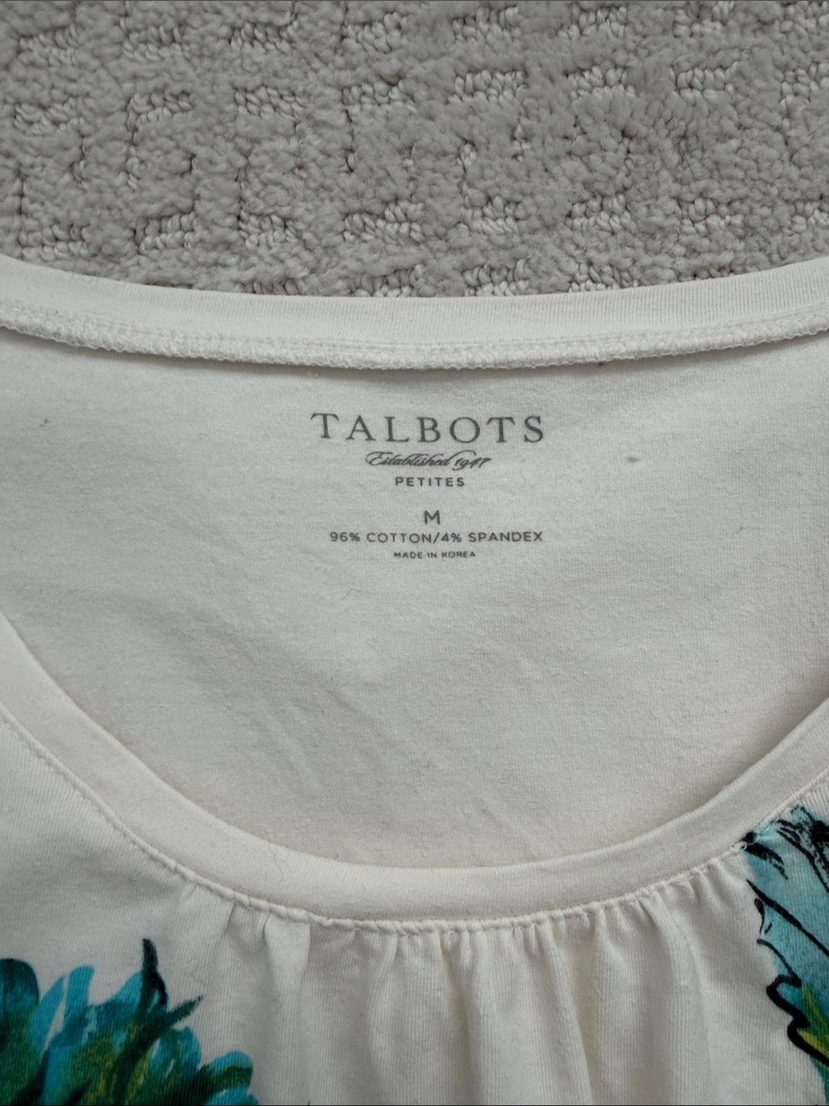 Women’s Talbots Cream Long-Sleeve Scoop Top with Teal & Green Floral Art