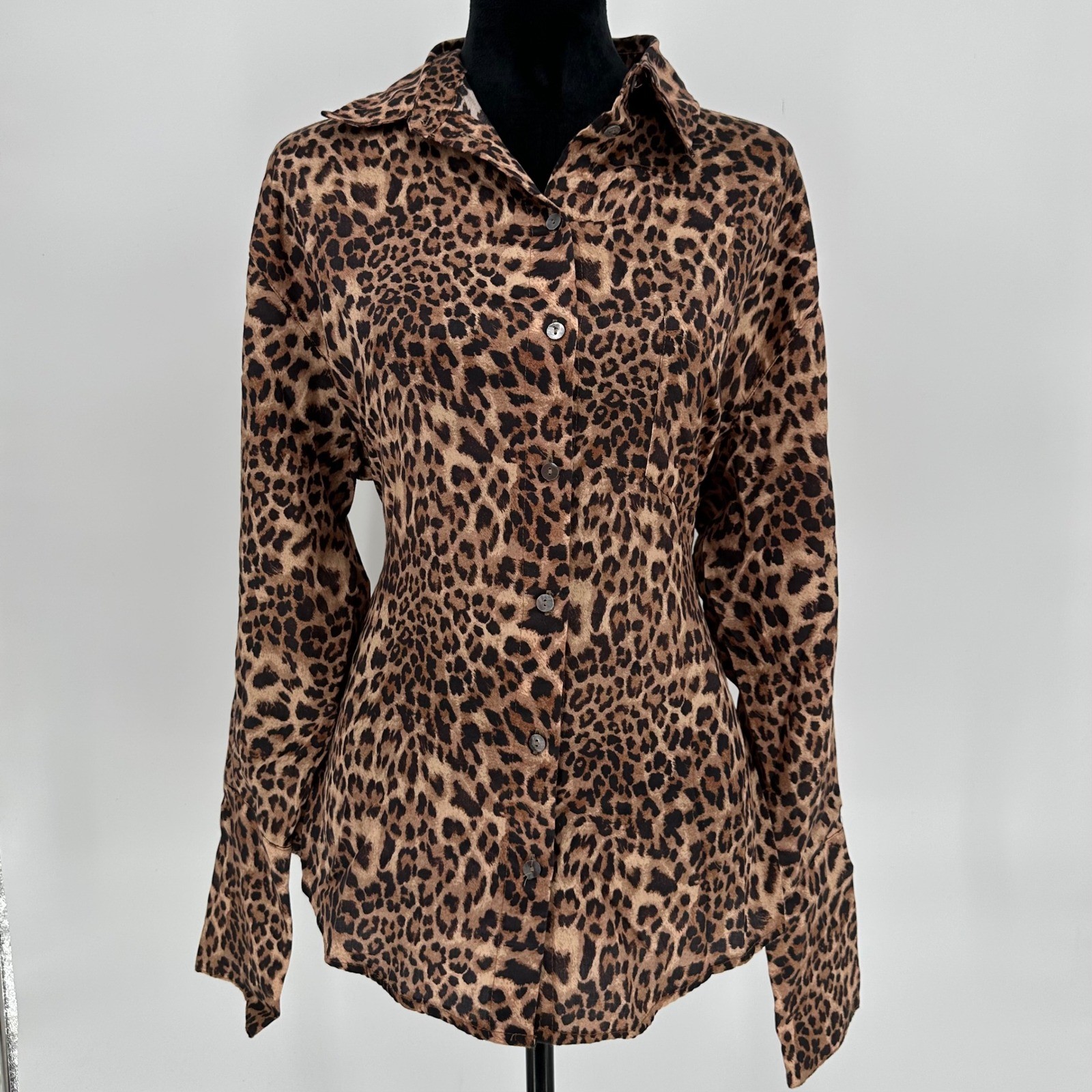 Olivaceous Leopard Cinch Waist Lace Up Button Up Long Sleeve Collared Top Small