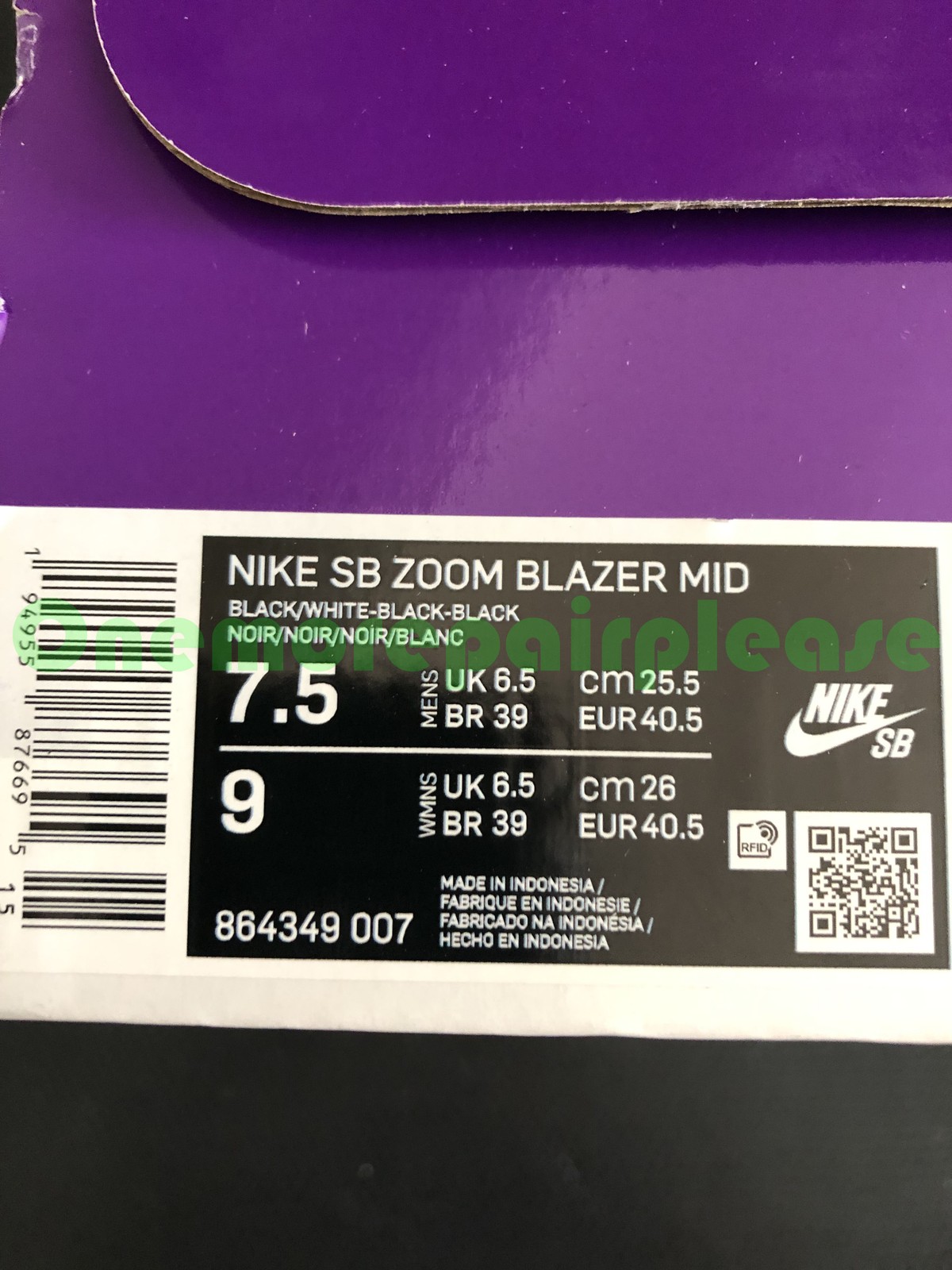 Nike ZB Zoom Blazer Mid 864349-007 Black White-Black-Black Size 7.5