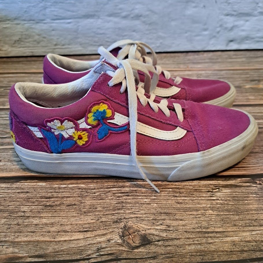 Vans Old Skool Floral Embroidered Magenta Purple Sneakers Womens 7.5 Mens 6