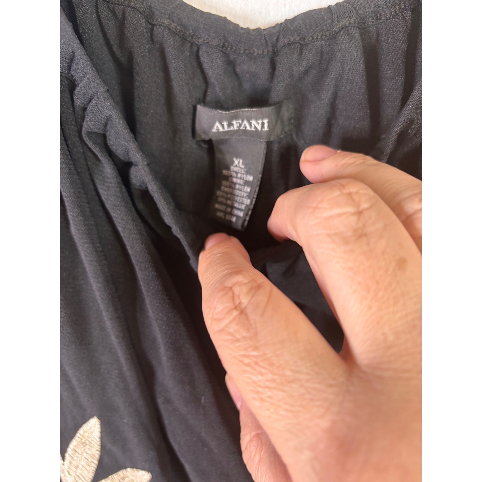 Alfani Womens XL Black Gold Metallic Leaf Embroidered Lace Hem Blouse Top