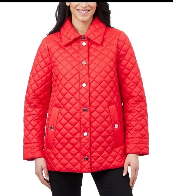 Anne Klein Women’s Jacket Quilted Side-Slit Midweight Snap-Front, Red, 2XL