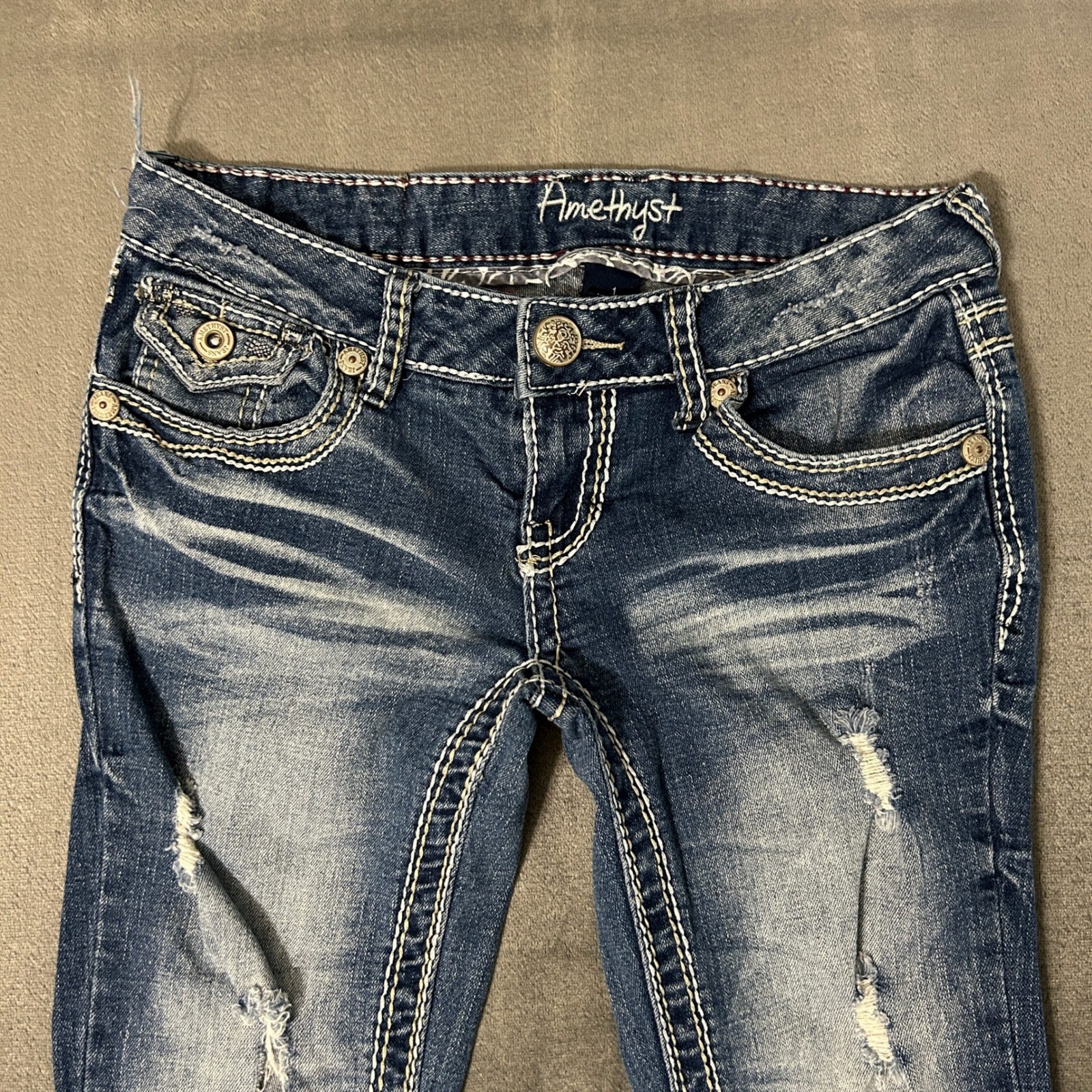 Amethyst Jeans Womens 1 Bootcut Low Rise Flare Distressed Contrast Stitch 28×29