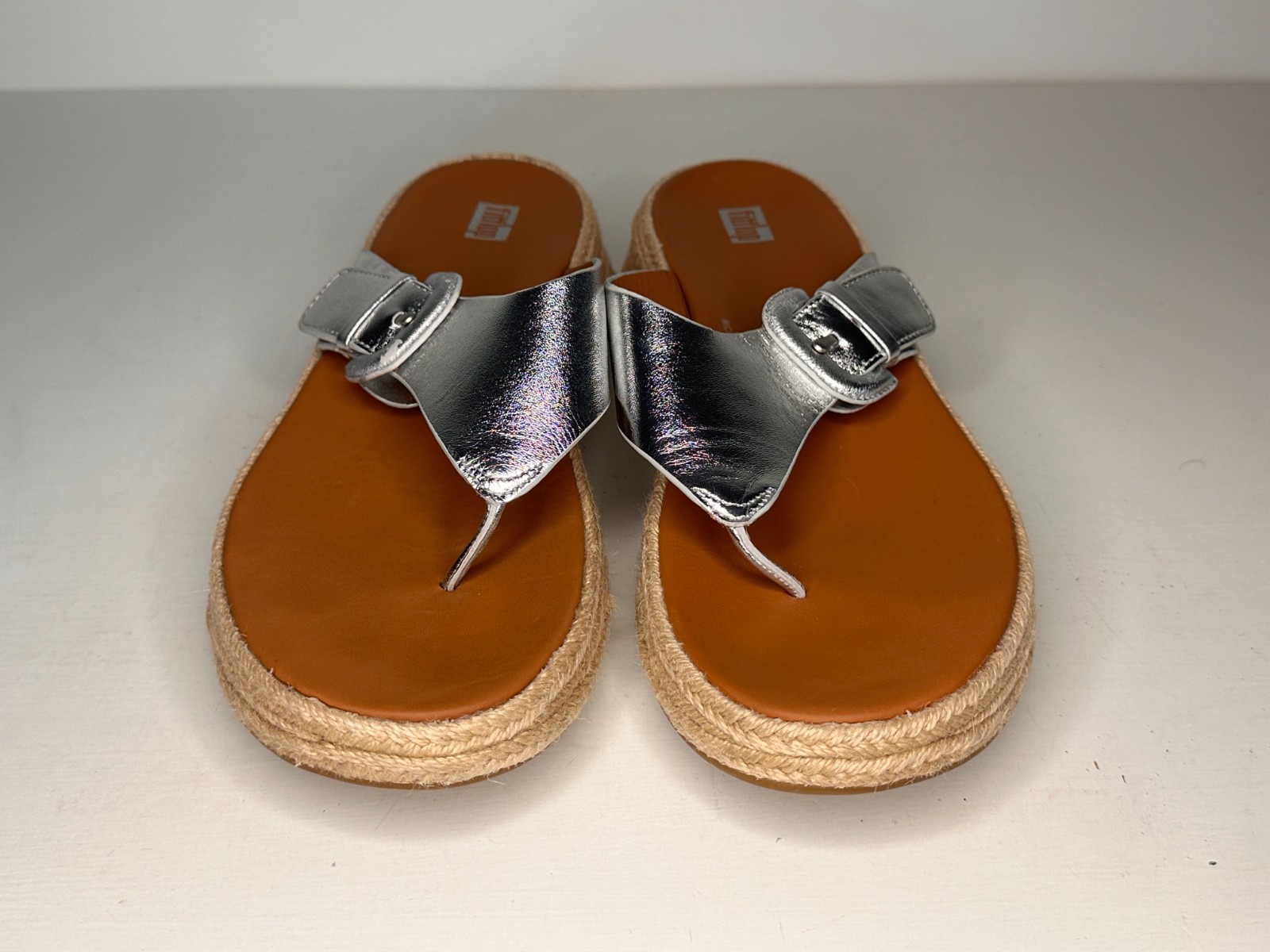 FitFlop F-Mode Silver T Strap Espadrille Toning Sandals Women Size 10