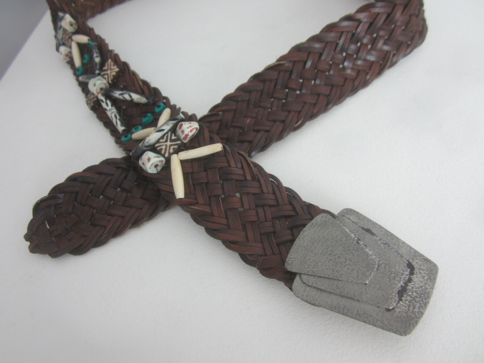 Unbranded Unisex M / L Brown Leather Woven Southwestern Belt Beaded 34″ – 36″