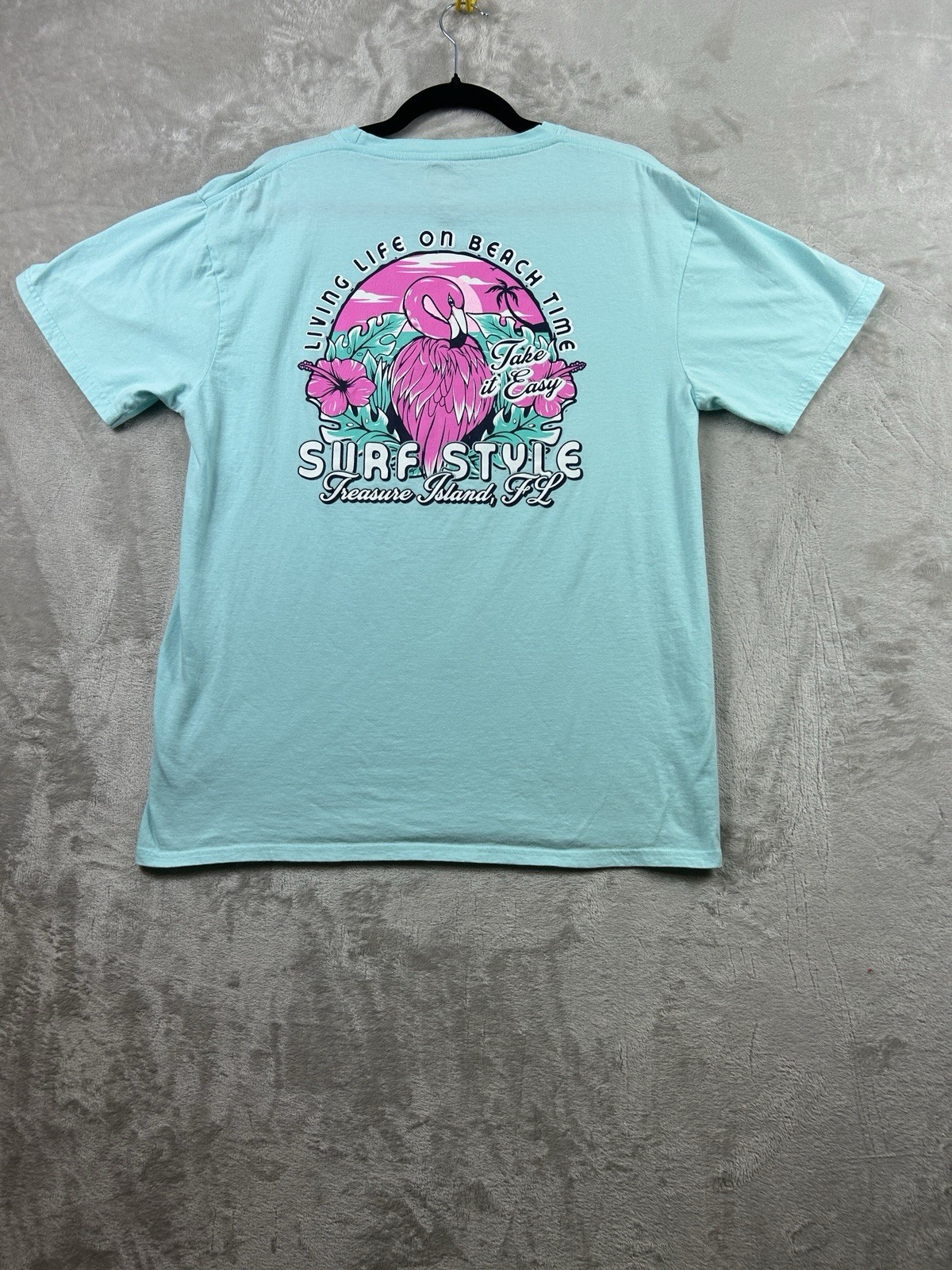 Surf Style T Shirt Treasure Island Florida L Teal “Living Life On Beach Time”