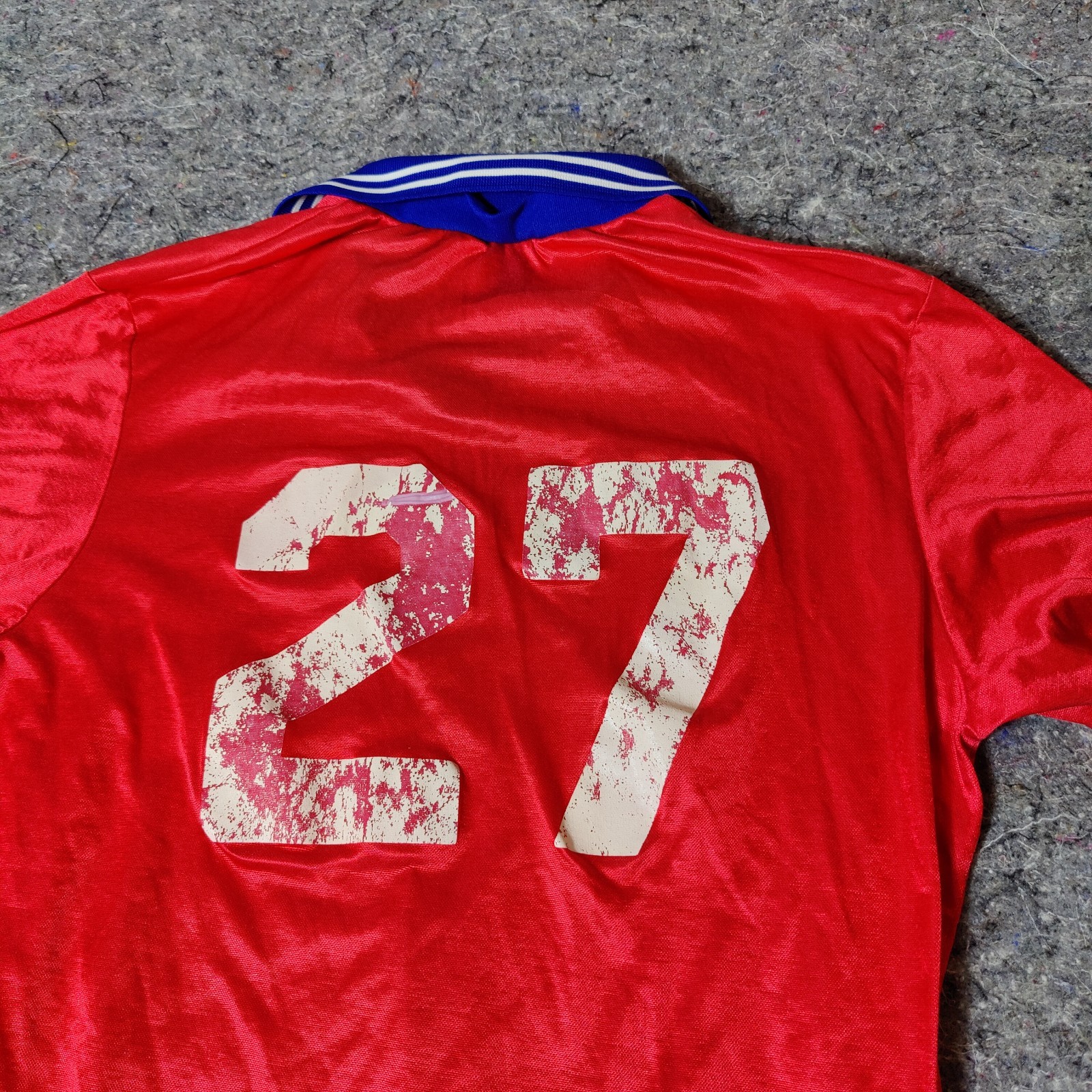 Vintage Satin Soccer Jersey Size XL Red #27 Ringer Silky Shiny Collared 90s