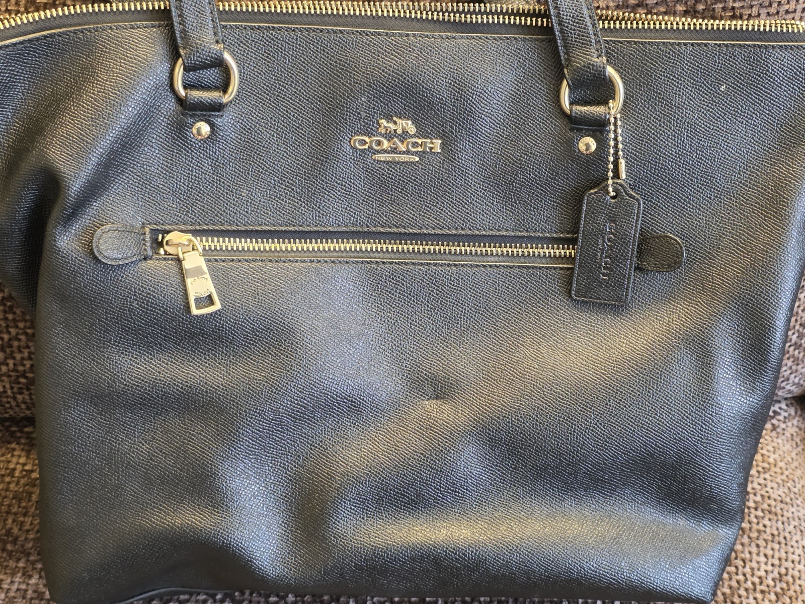 COACH GALLERY TOTE Black Crossgrain Leather Gold Hardware F79608 EUC