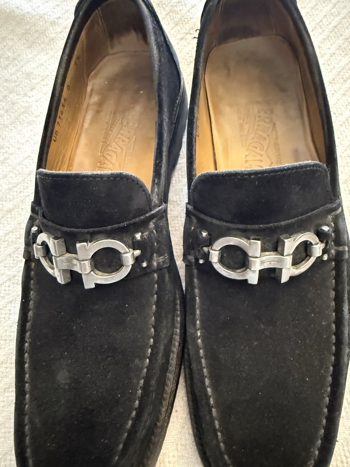 Salvatore Ferragamo Black Suede Slip-On Loafers Hardware Almond Toe 7.5 D