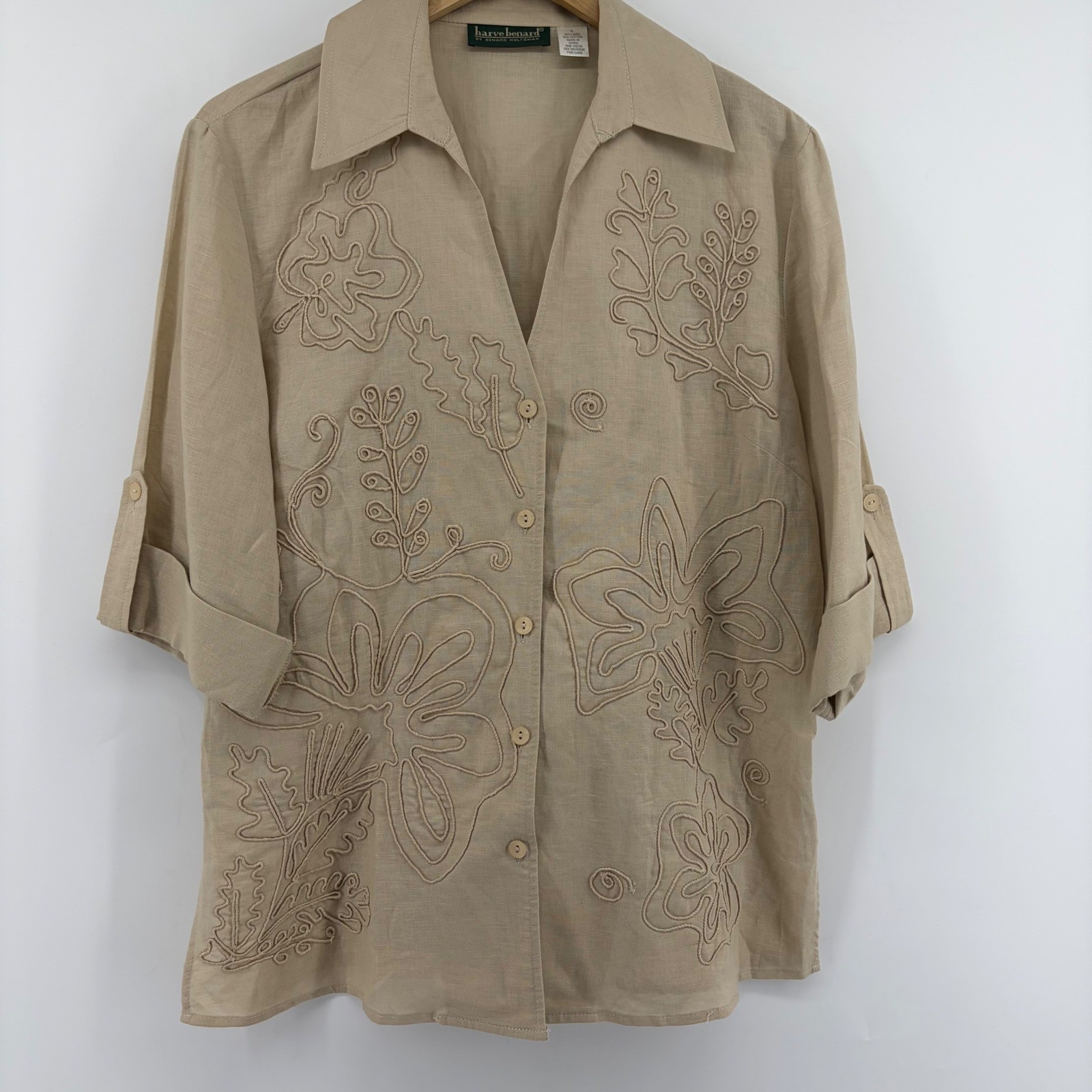 Harve Benard Linen Cotton Floral Soutache Embroidered Button Up Blouse Beige L
