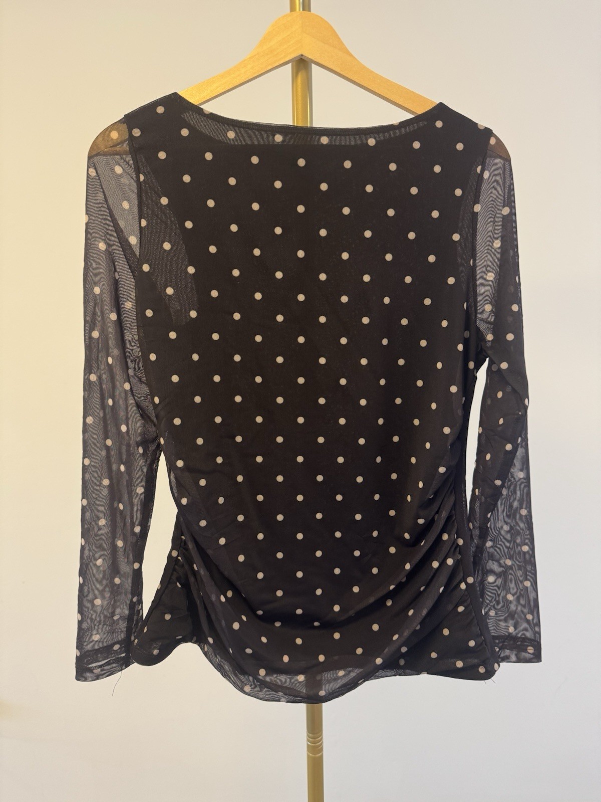 Size Large Primark Dark Brown Polka Dot Mesh Top Long Sleeve Sheer Stretch Top