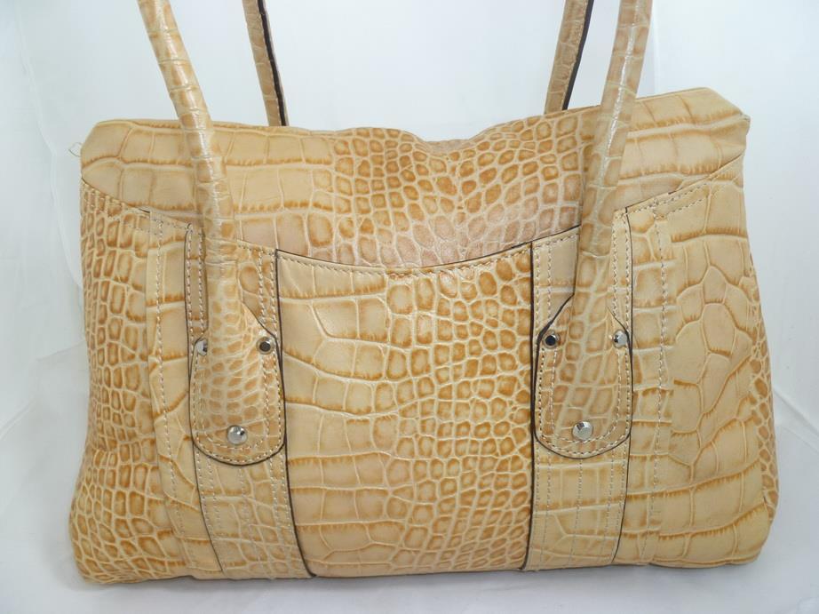 B MAKOWSKY USED CROC EMBOSSED KHAKI LEATHER FOLD OVER TOTE/SHOULDER BAG/SHOPPER